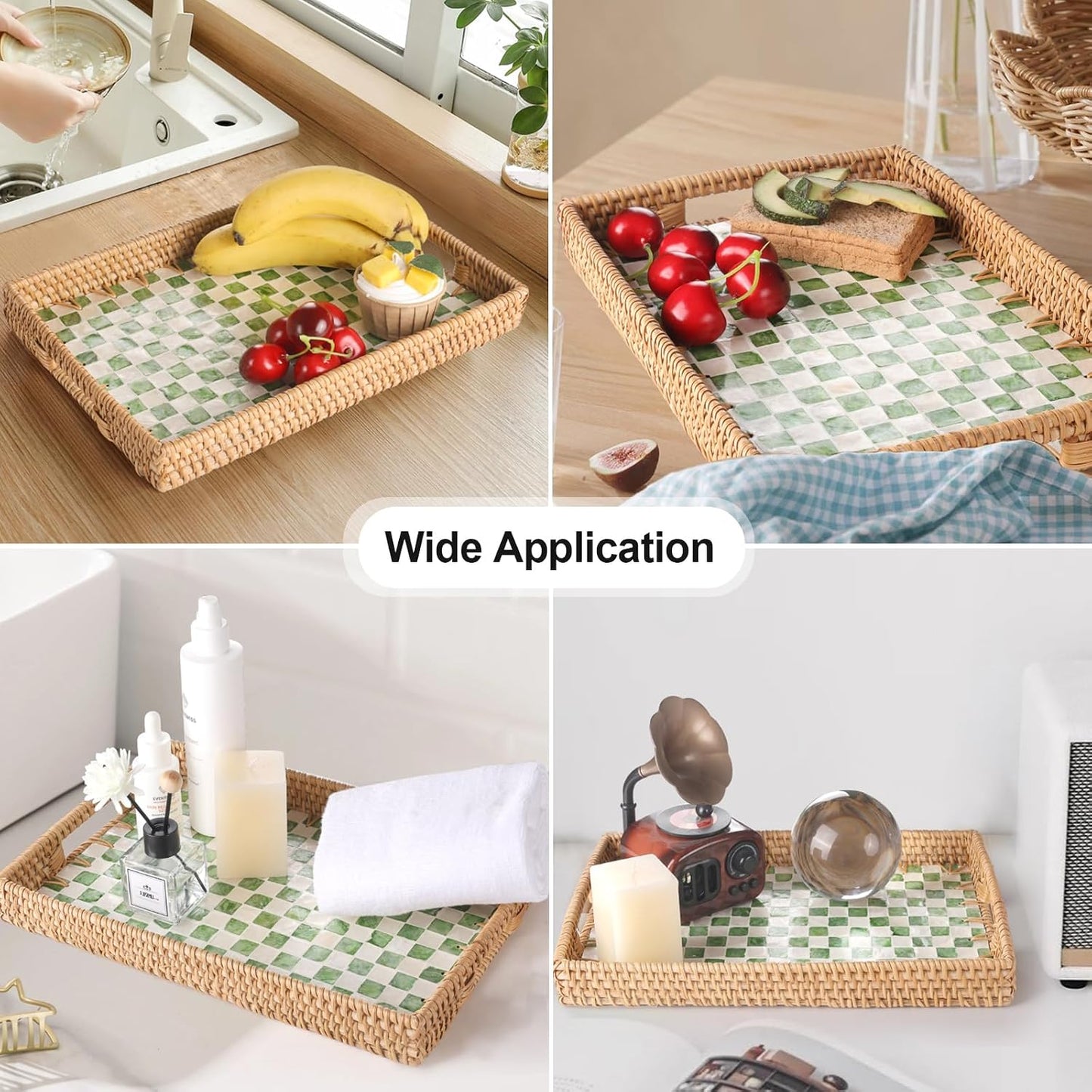 Rattan Serving Tray / Green Checkerboard