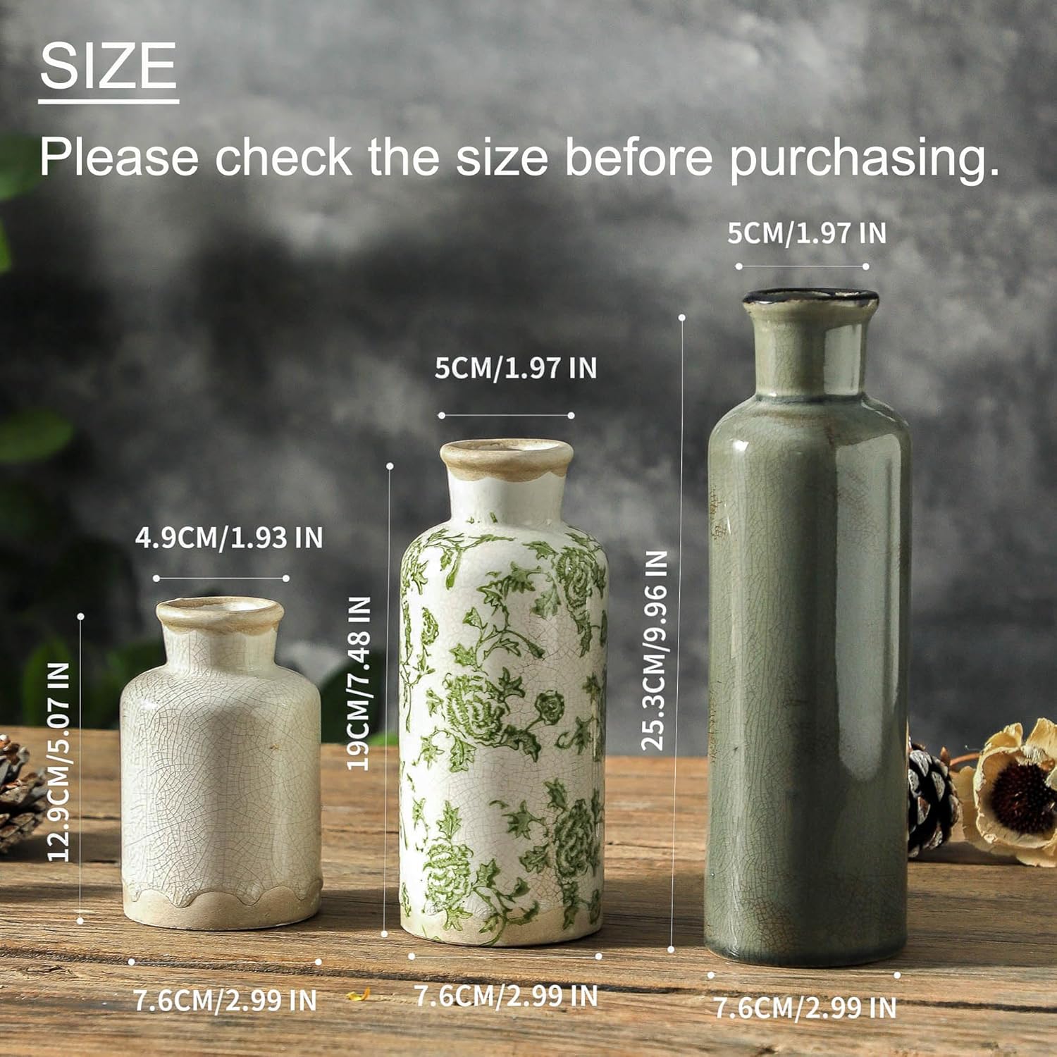 Vintage Vase / Ceramic Vintage Flower Vases / 007 Vintage - Green / Set of 3