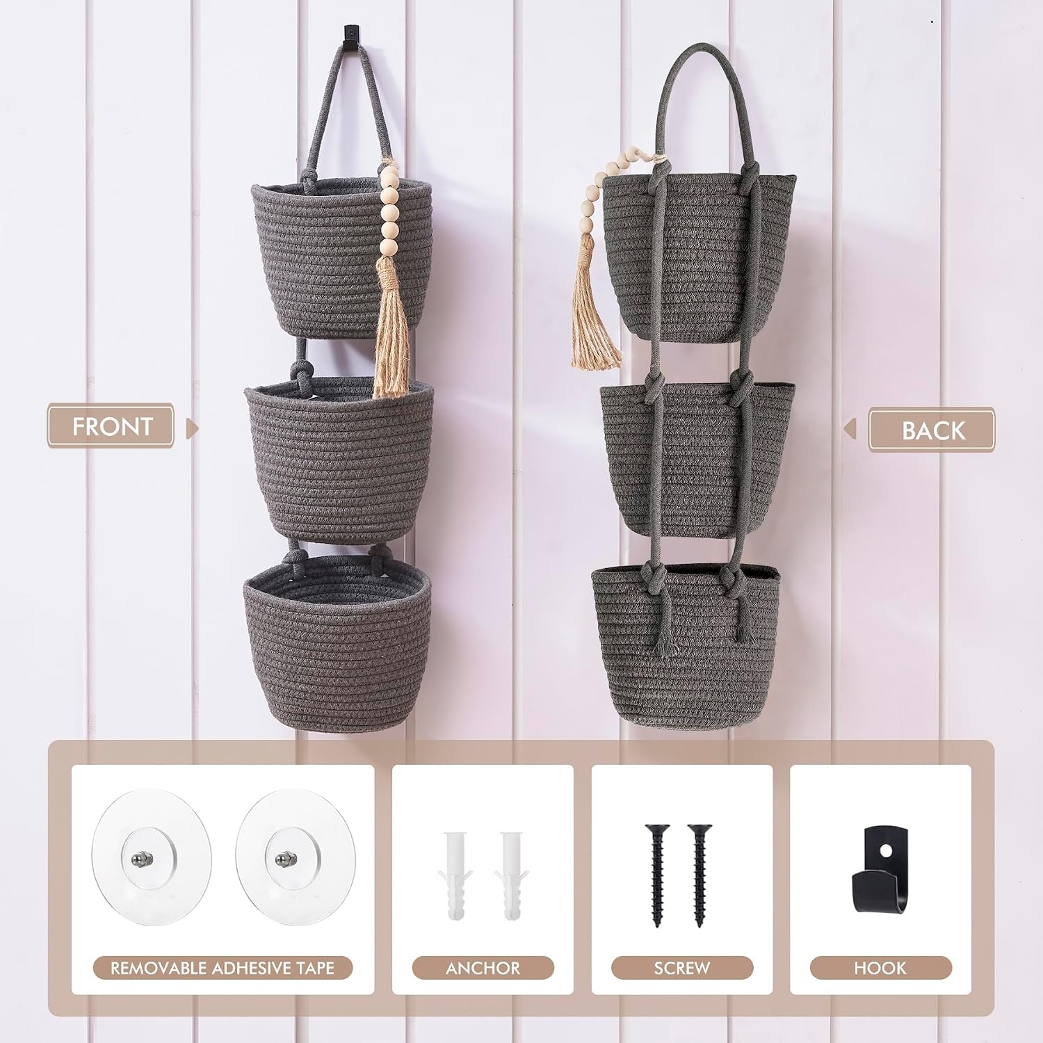 Woven Baskets Pouches Set Boho Style Wall Mounted Bag / Gray & Black / Small