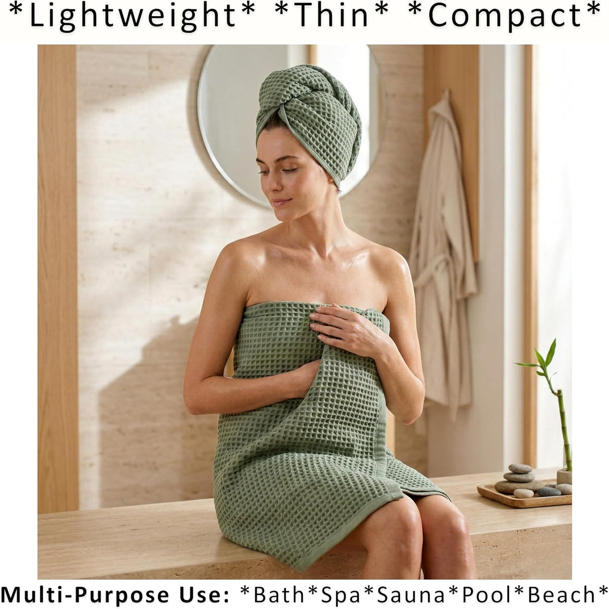 PÜSKÜL Natural 100% Turkish Cotton Waffle Bath Towels Set of 2, Extra-Large | Sage Green, Oversize 32x63" Bath sheet