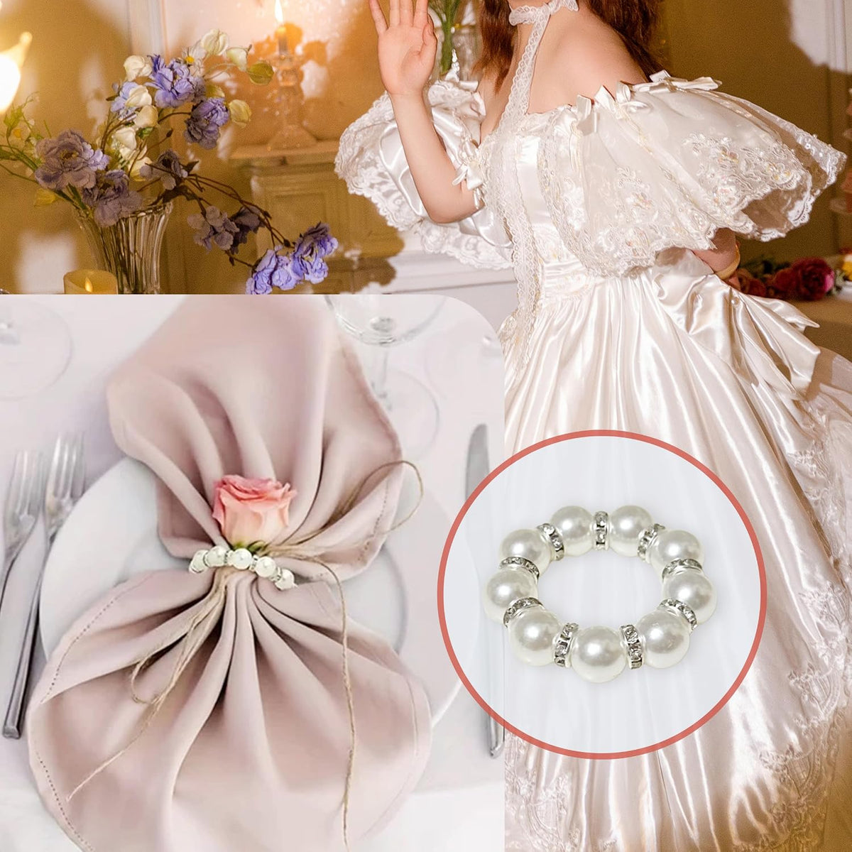 100 Pcs Silver Disposable Napkin Rings Imitation Pearl Ring Napkin Holder Delicate White Beaded Serviette Buckles for