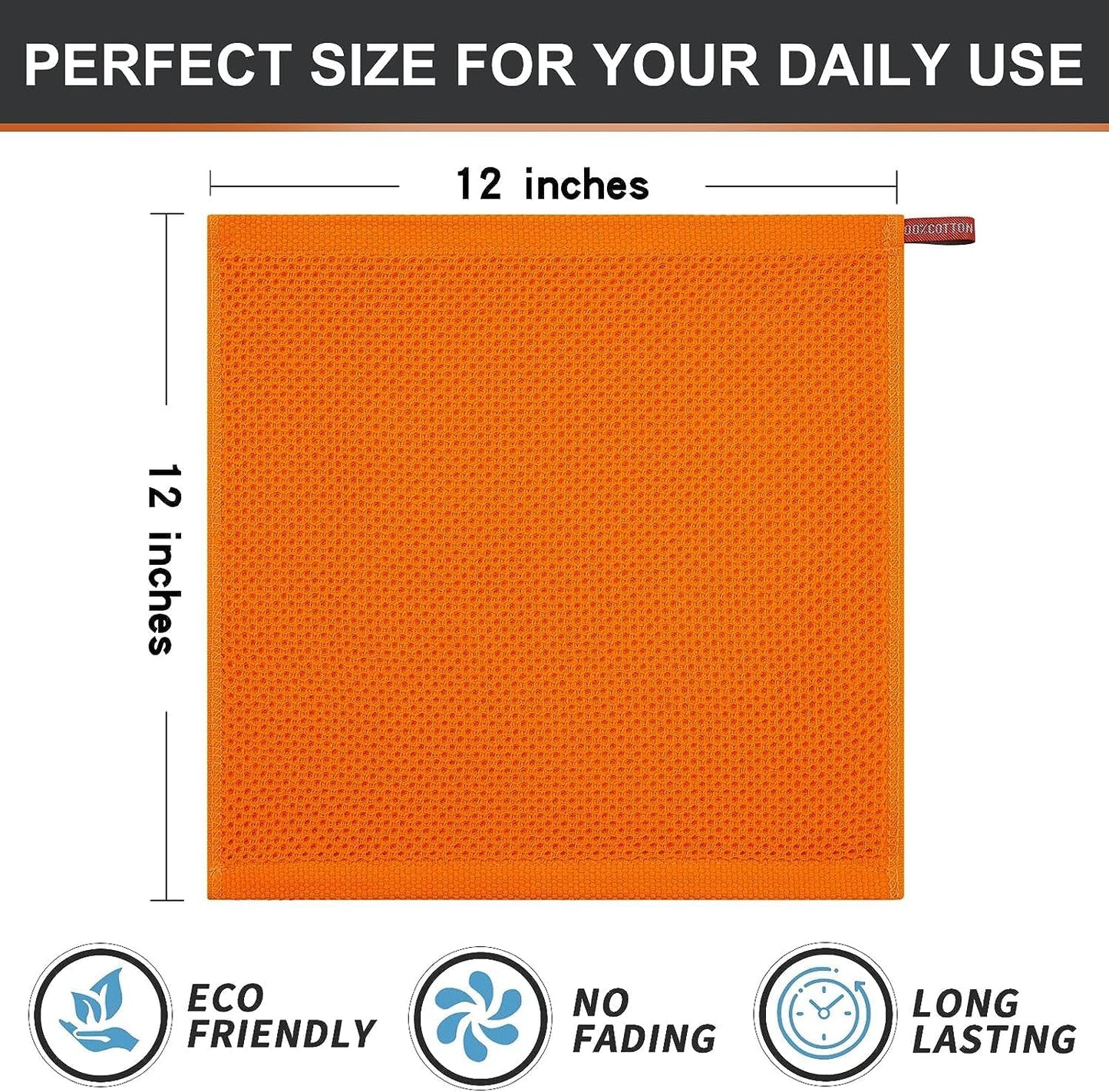 Kitinjoy 100% Cotton Waffle 12-Pack Kitchen Towels, 12" x 12", Orange | Ultra Absorbent, Super Soft, lightweight, Quick