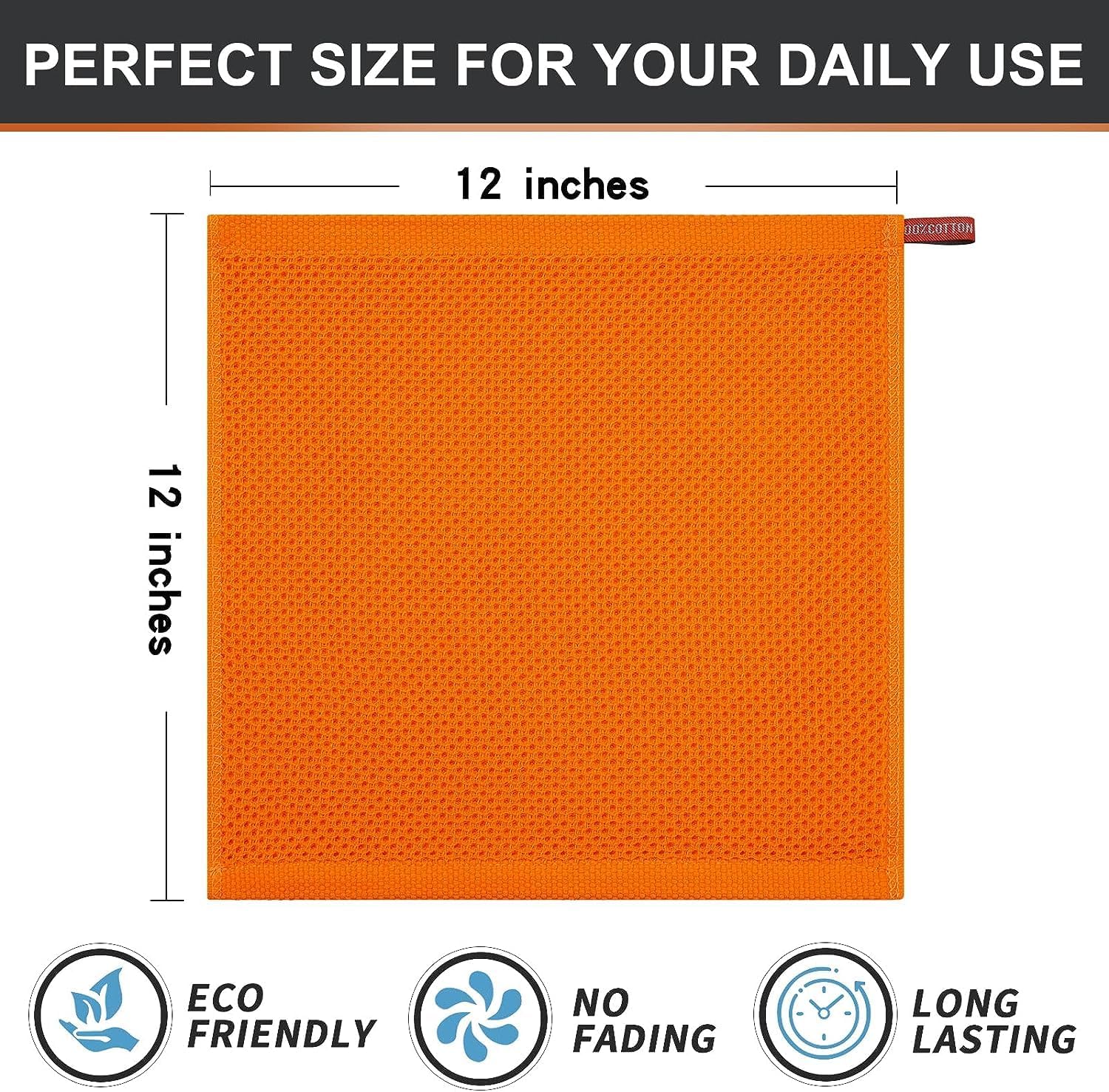 Kitinjoy 100% Cotton Waffle 12-Pack Kitchen Towels, 12" x 12", Orange | Ultra Absorbent, Super Soft, lightweight, Quick