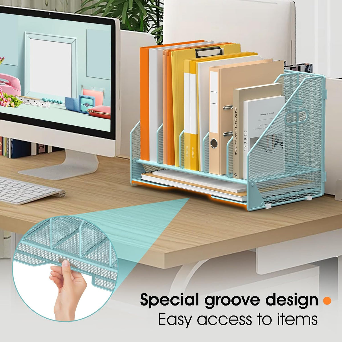 5 Vertical Mesh Desk Organizer with Paper Letter Tray, Blue | Sorting racks with lower letter tray section.
