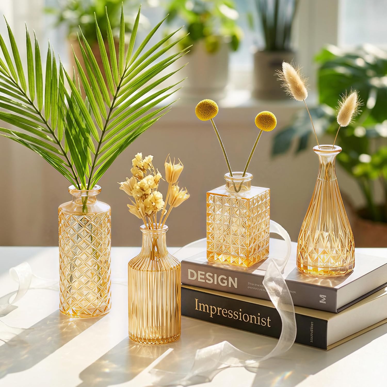 Small Vintage Glass Clear Bud Flower Vases Bulk Multiple Shape Mini Glass Bottles / Gold / Set of 12