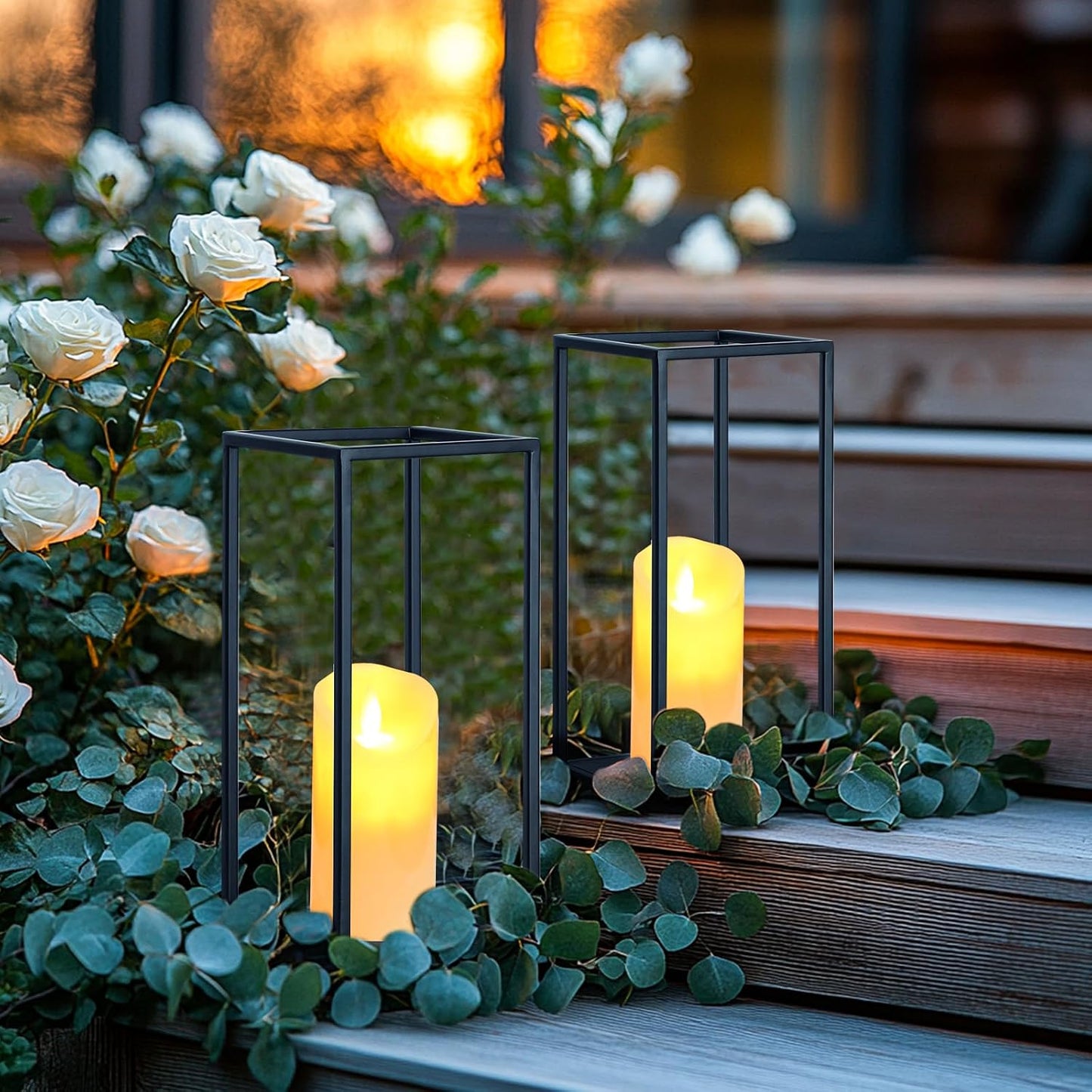 Eufrozy Lanterns Decorative Indoor Set of 2 Black Metal Lantern Candle Holder, Modern Farmhouse Lantern Decor for
