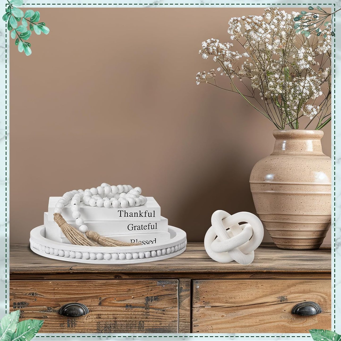 Rustic Wooden Coffee Table Tray Decoration Set / White / Thankful / Set of 6