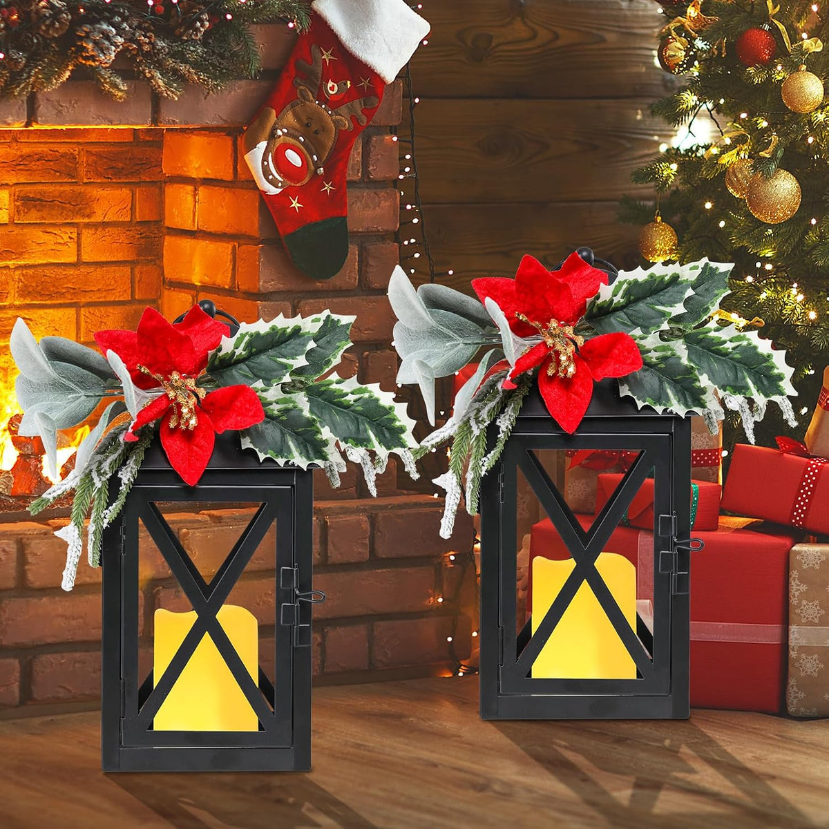 Christmas Decorative Lanterns 2 Pack 12 Inch with Timer Candles Xmars Decor | 12 inch black metal Christmas lanterns