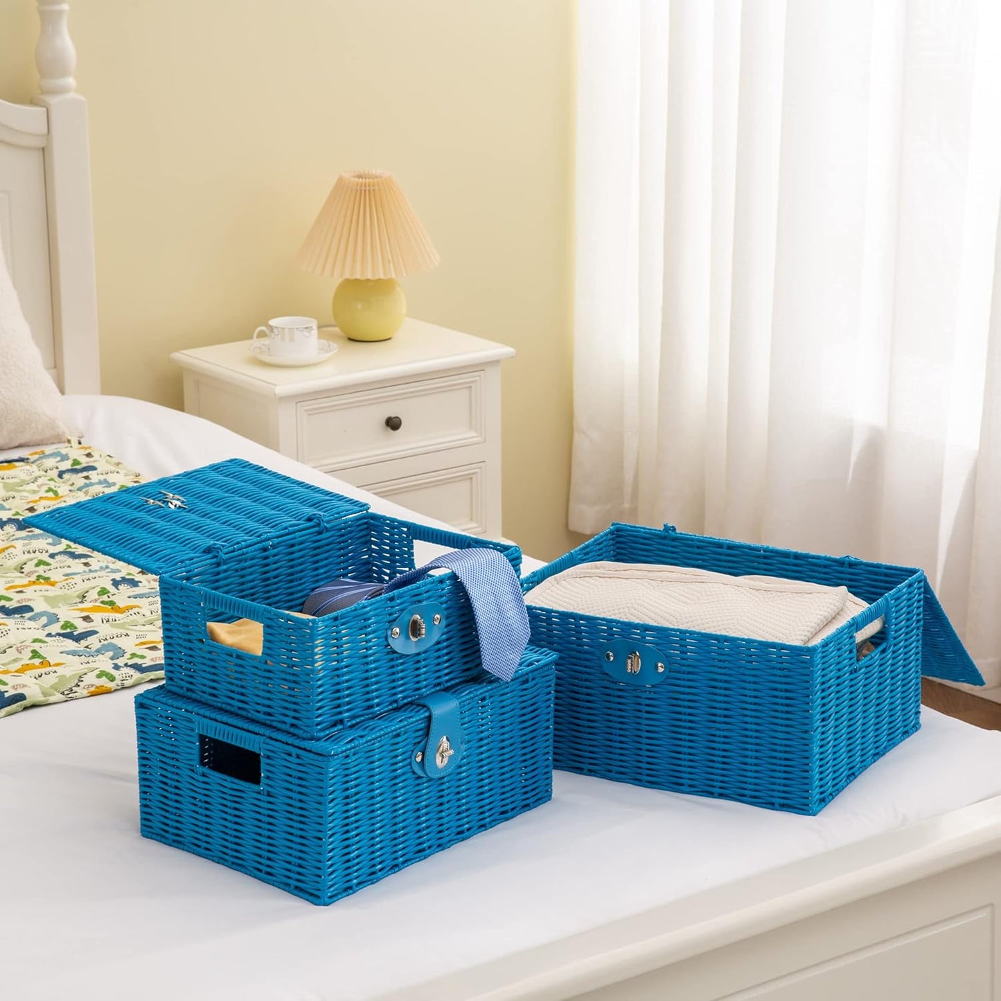 Woven Wicker Storage Basket Box / Blue / Set of 3