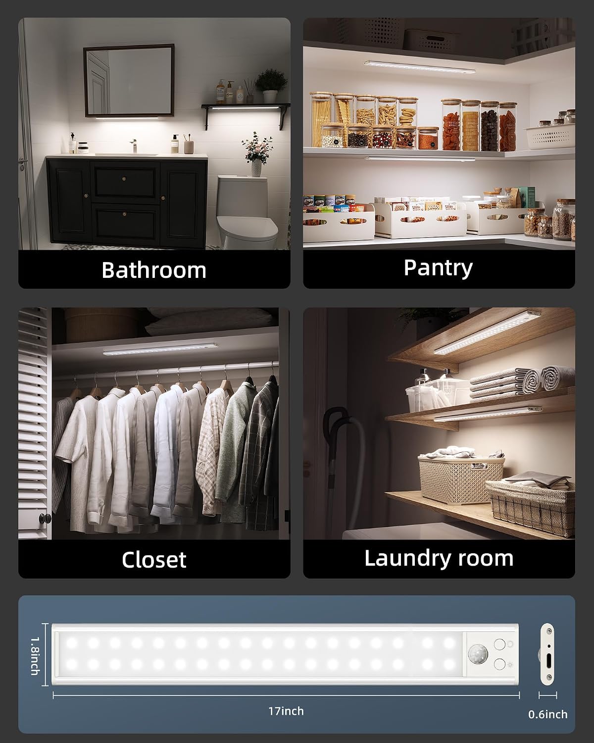 17" Under Cabinet Lights, Motion Sensor Light, Wireless Closet Lights, 3 Color Temps, 4000mAh Rechargeable, Magnetic