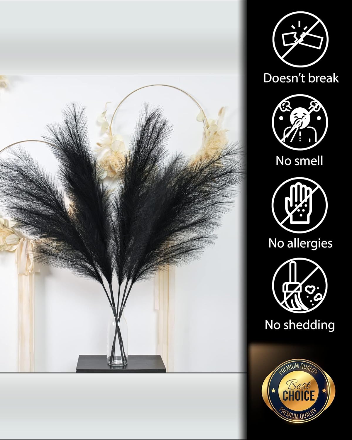 Tall Pampas Grass for Floor Vase / Black / Set of 3