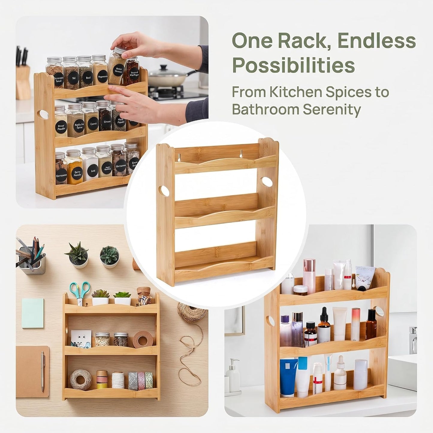 3-Tier Bamboo Spice Rack for Countertop, Wall Mounted Spice Holder Rack Seasoning Bottles Jar Organizer Shelf, Bathroom