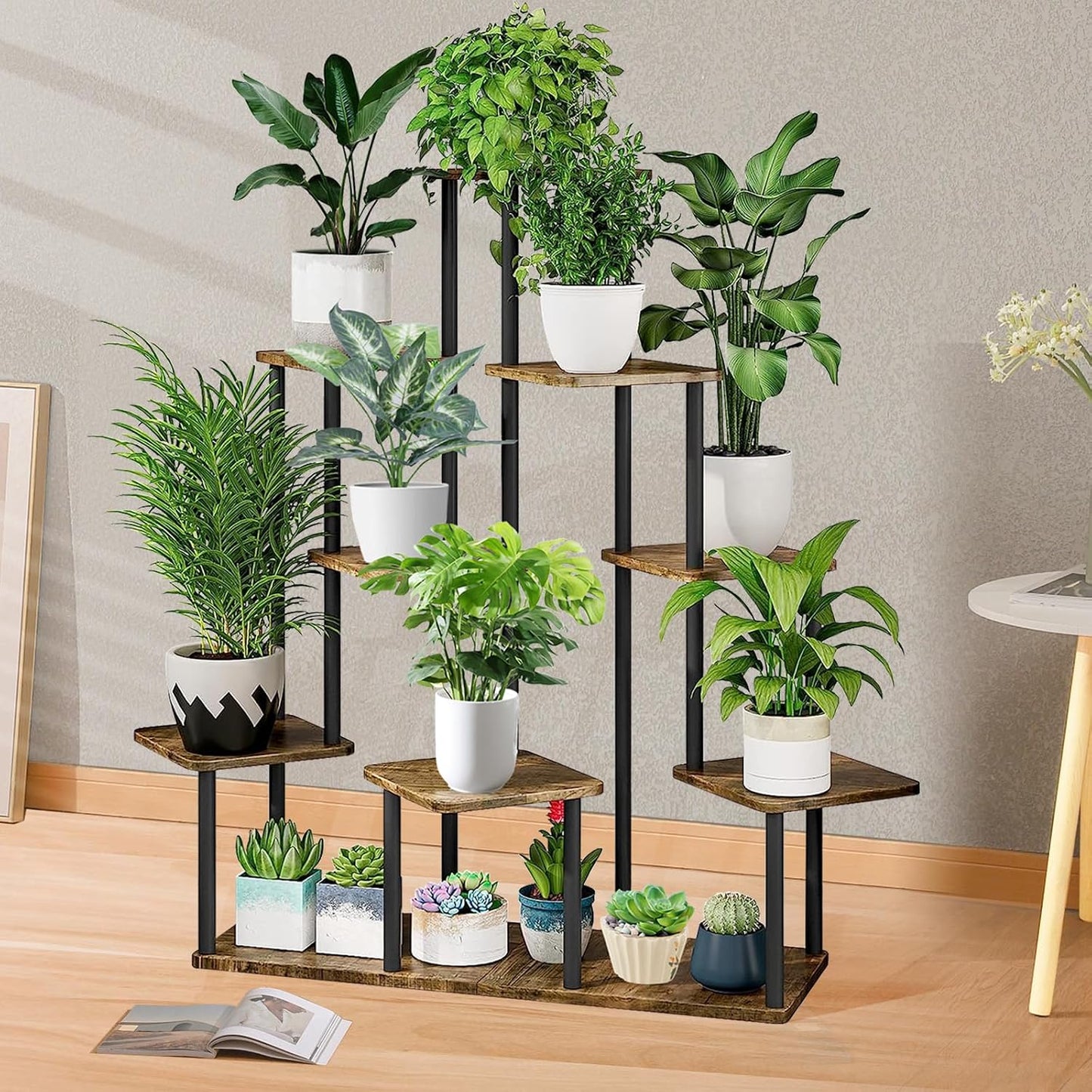 9 Tier Plant Stand Indoor, Thickened Metal Wood Corner Plant Shelf Stands for Multiple Plants, Indoor Tall Plants Stand