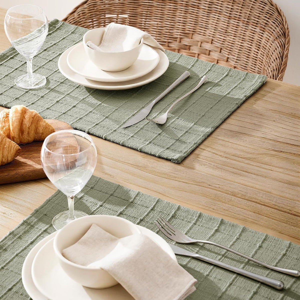 Artisanal Grid Decorative Linen Placemats Set of 6, Seeding Green | Thick Heavy Textured Washed Linen Place Mats