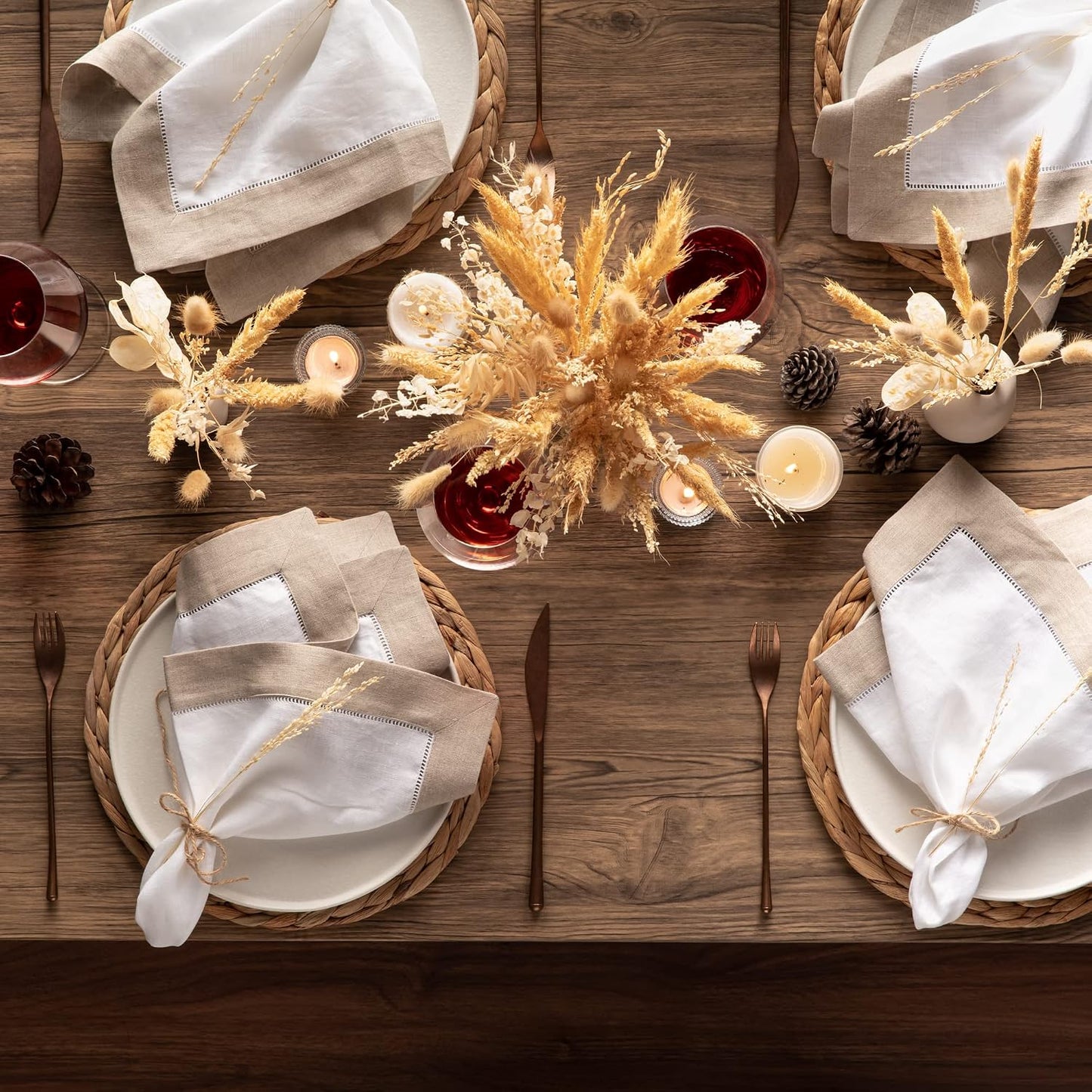 Linen Napkins 20 x 20 inch - 100% Pure Linen White and Natural Dinner Napkins Set of 4 - Hemstitch Napkins Cloth