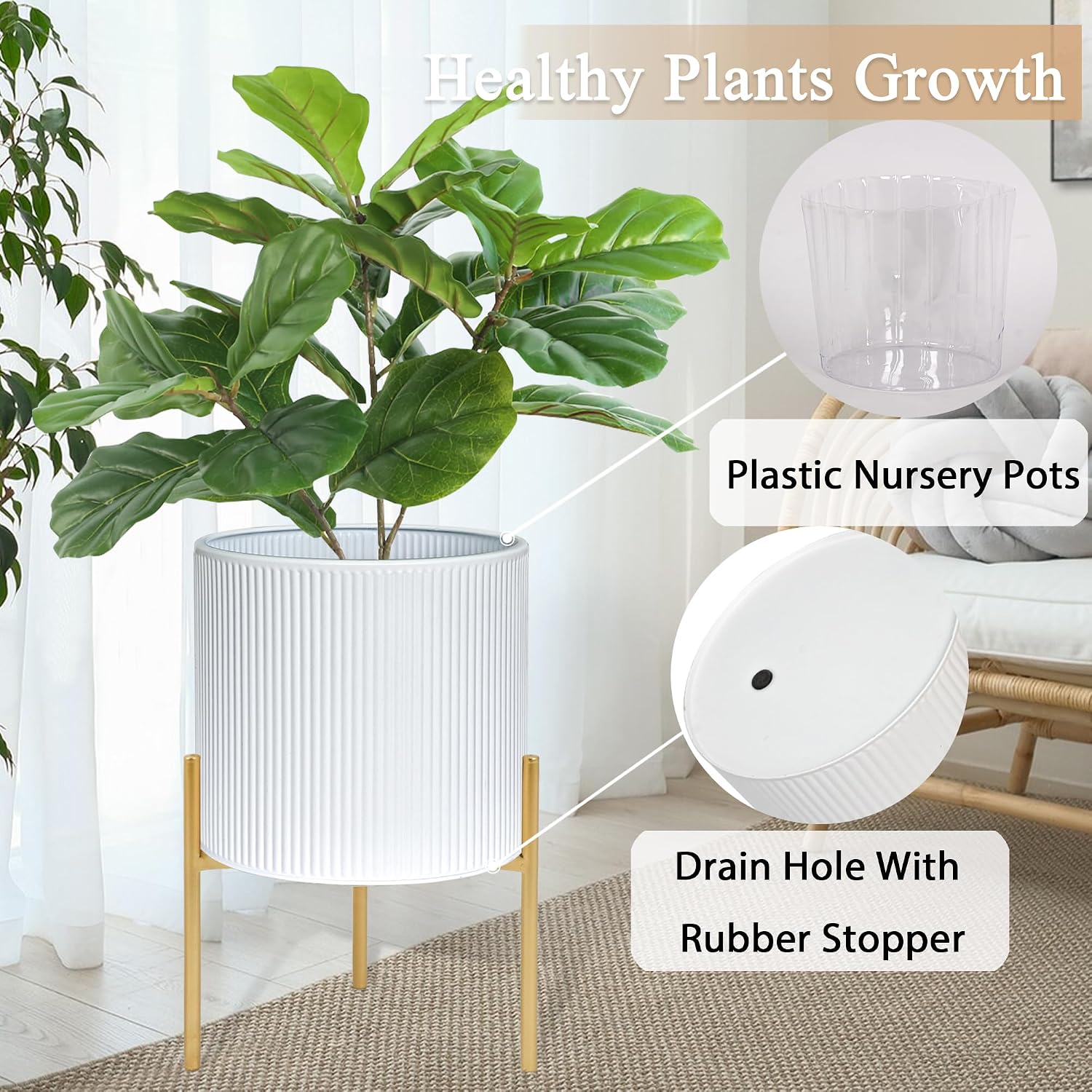 ARNIS Modern Plant Pots, Set of 2 Round Large Planters with Stand, Large Size Metal Pots with Drainage Holes for Living