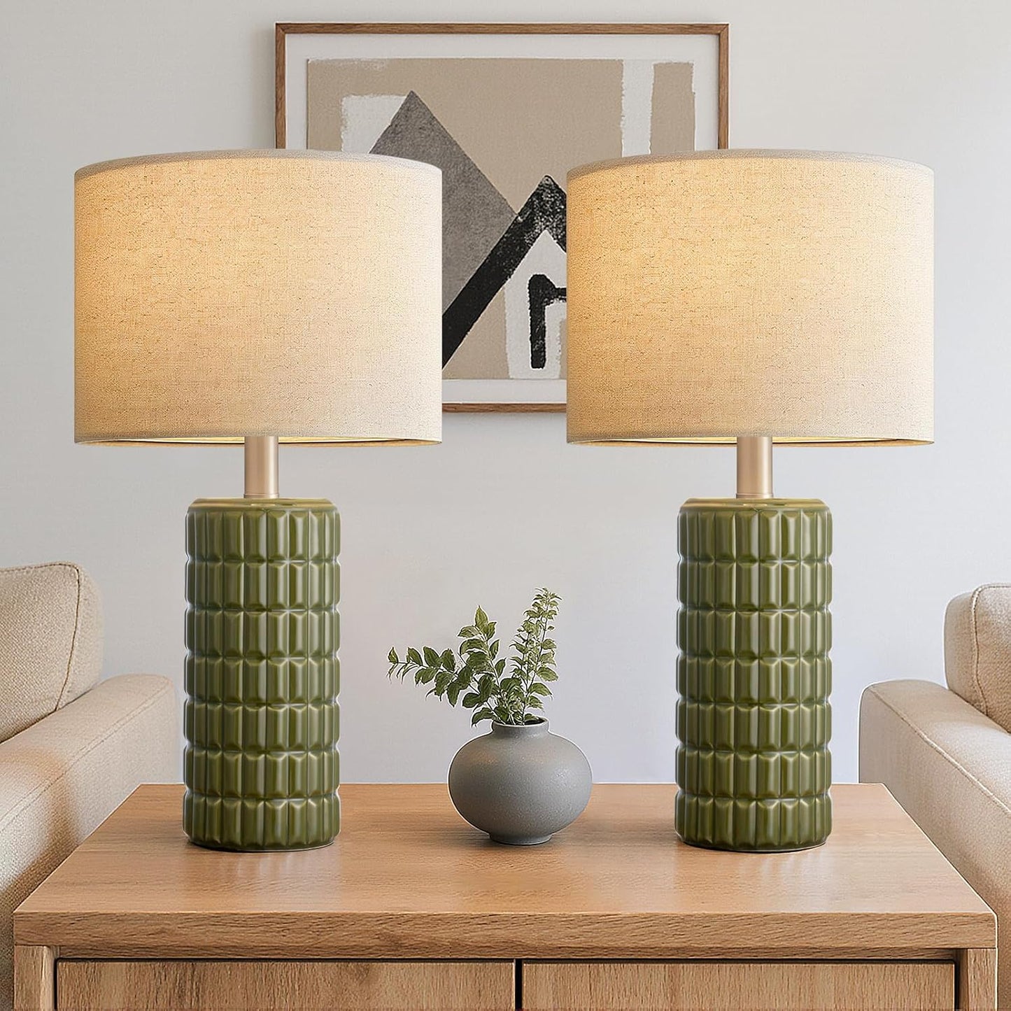 Seealle 23" Modern Ceramic Table Lamps Set of 2, Lamps for Bedroom, Green