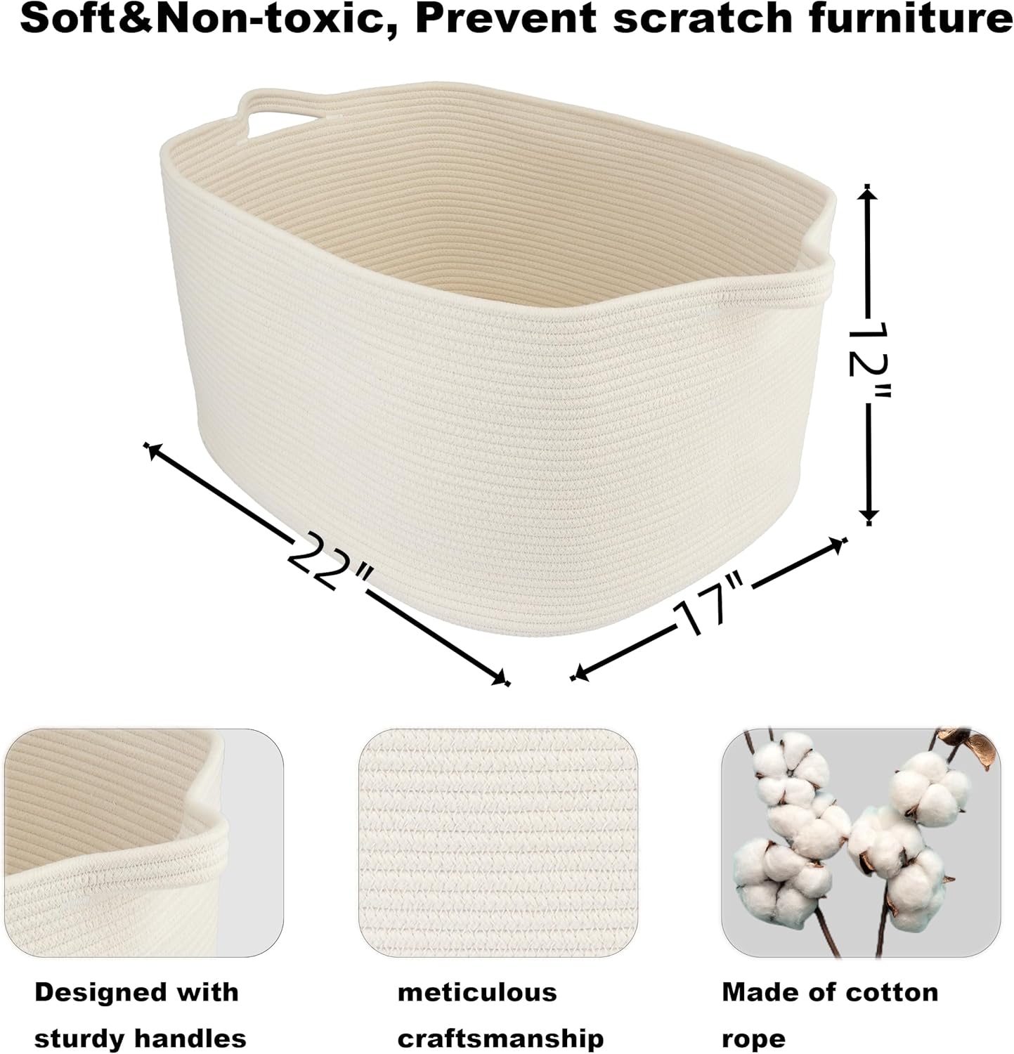 Large Rectangle Blankets Basket Living Room " Woven Cotton Rope Storage / White / 22 x 17 x 12