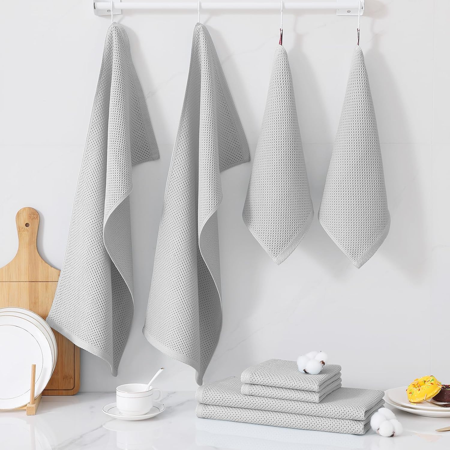 Homaxy 10 Pack 100% Cotton Kitchen Towels and Dishcloths Set, Light Gray | 12 x 12 Inches and 13 x 28 Inches Kitchen
