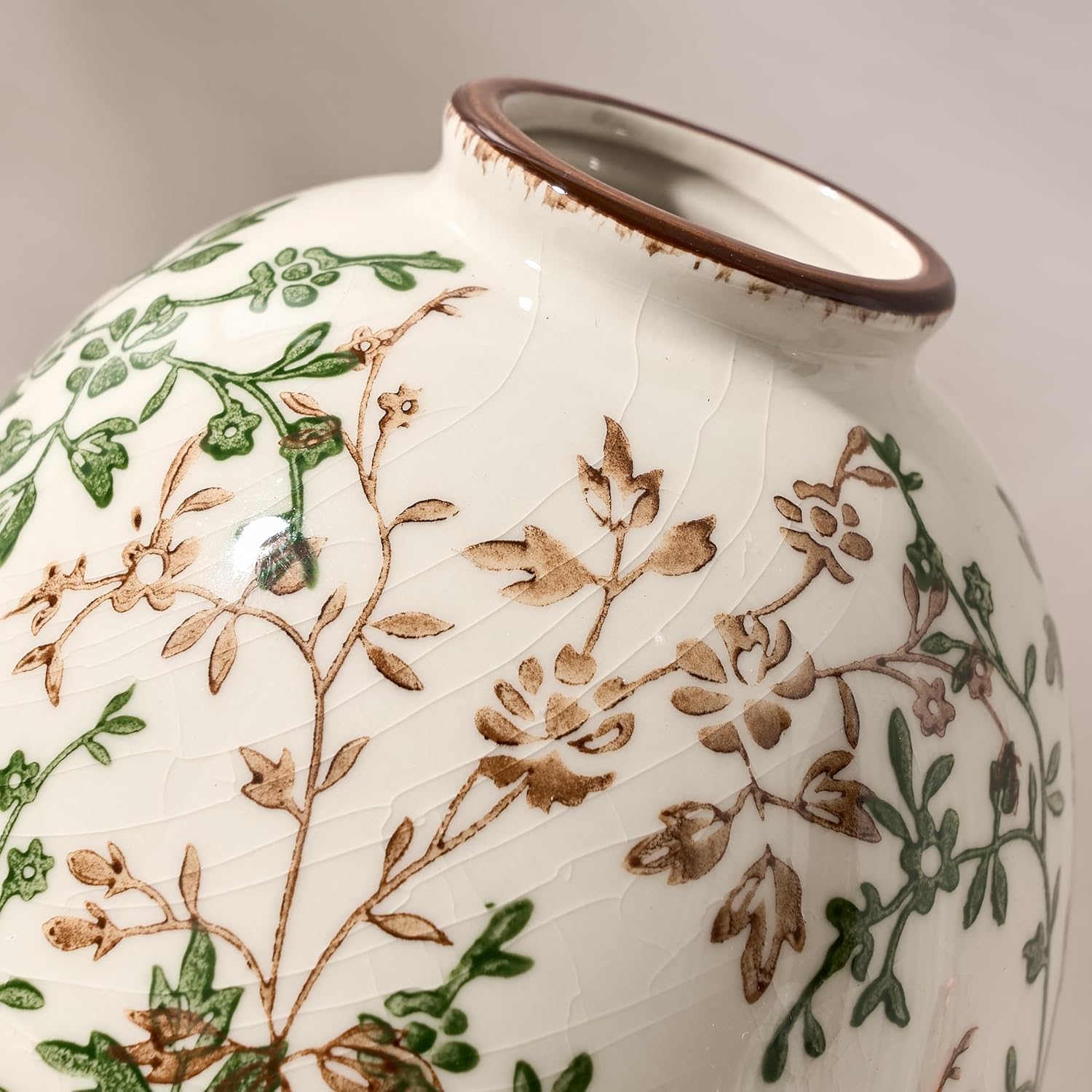 Rustic Ceramic Vase / Beige and Green- 5.83 / 5.83 Inch