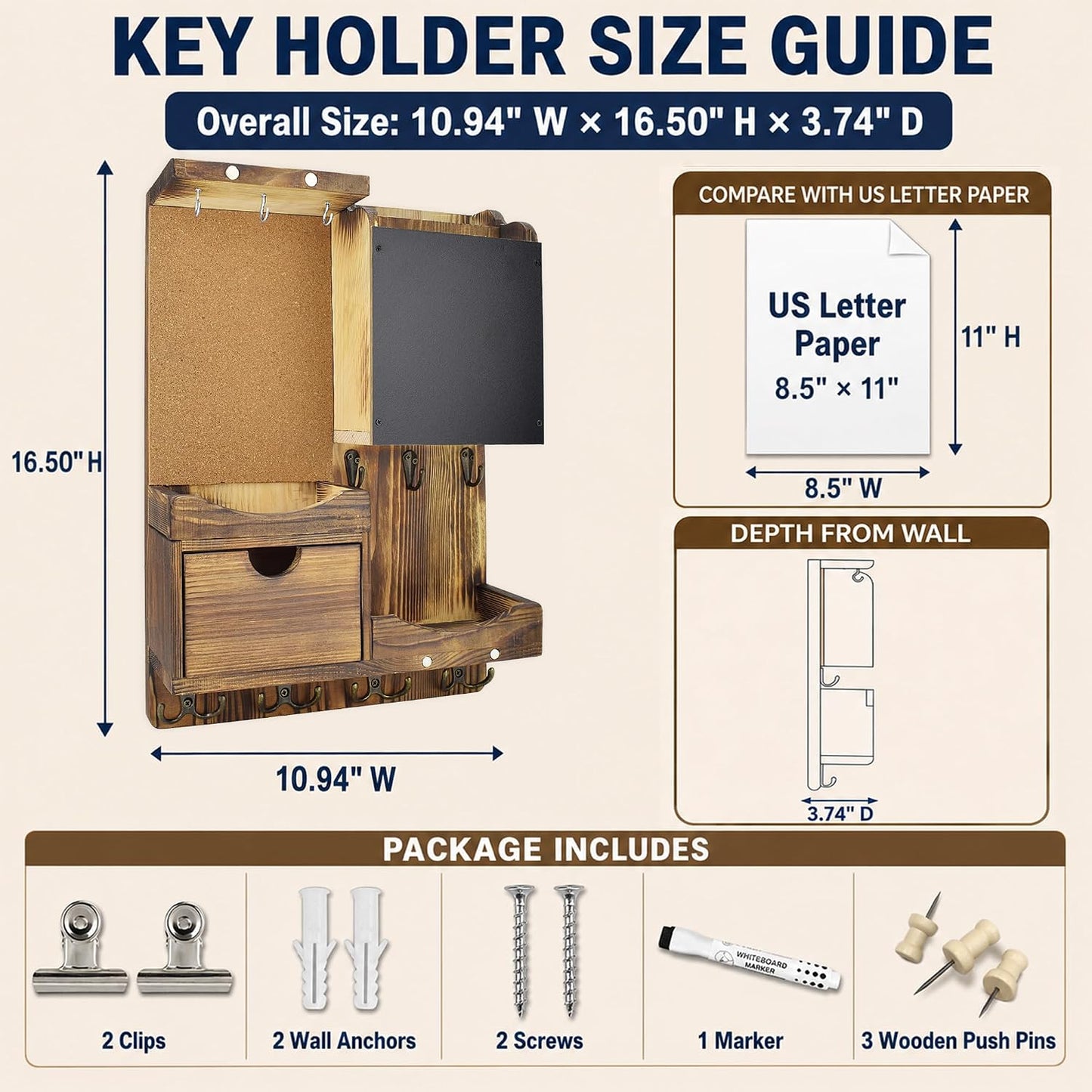 Key Holder Wall Mount / Natural Wood / Vertical