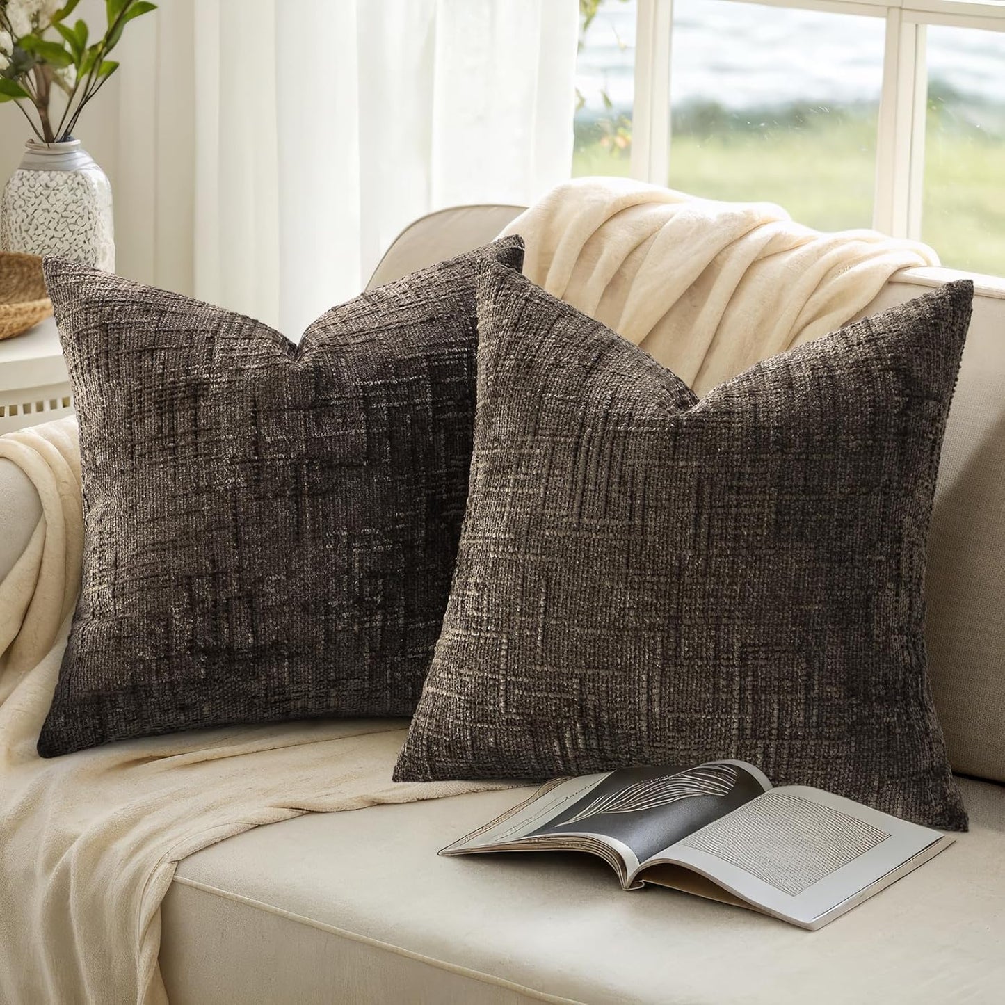 Fall Chenille Throw Pillow Covers Textured Soft Slubby Couch / Dark Brown / 18 x 18 / Set of 2