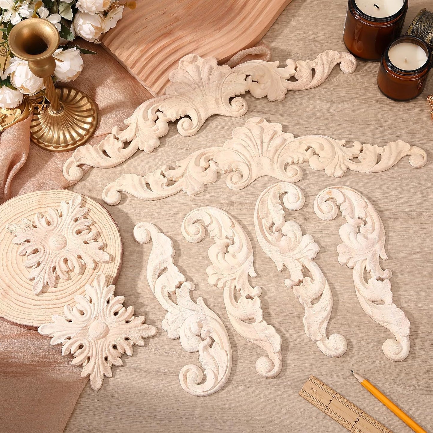 Wood Appliques and Onlays for Furniture Carved Onlays DIY / Adorable Style / Large Size / Set of 8