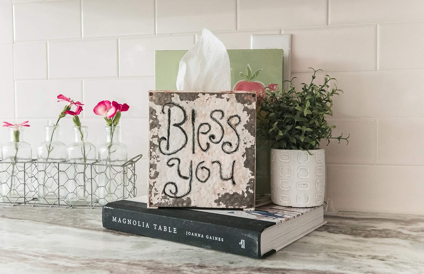 Wood & Metal Bless You Tissue Box Cover / White