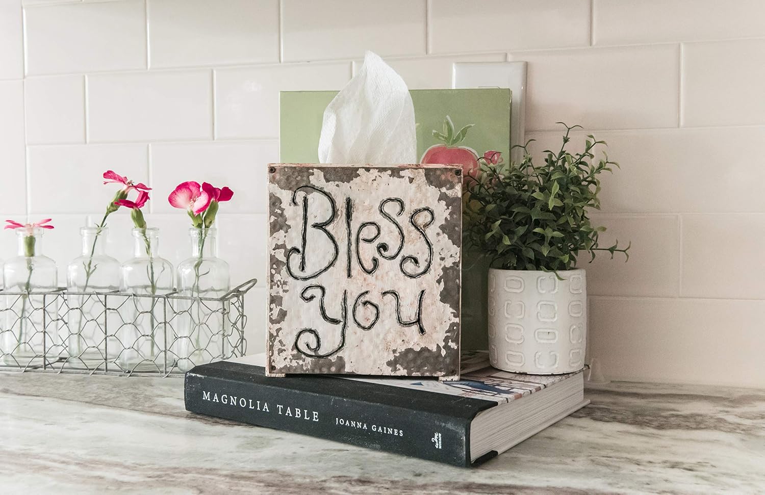Wood & Metal Bless You Tissue Box Cover / White