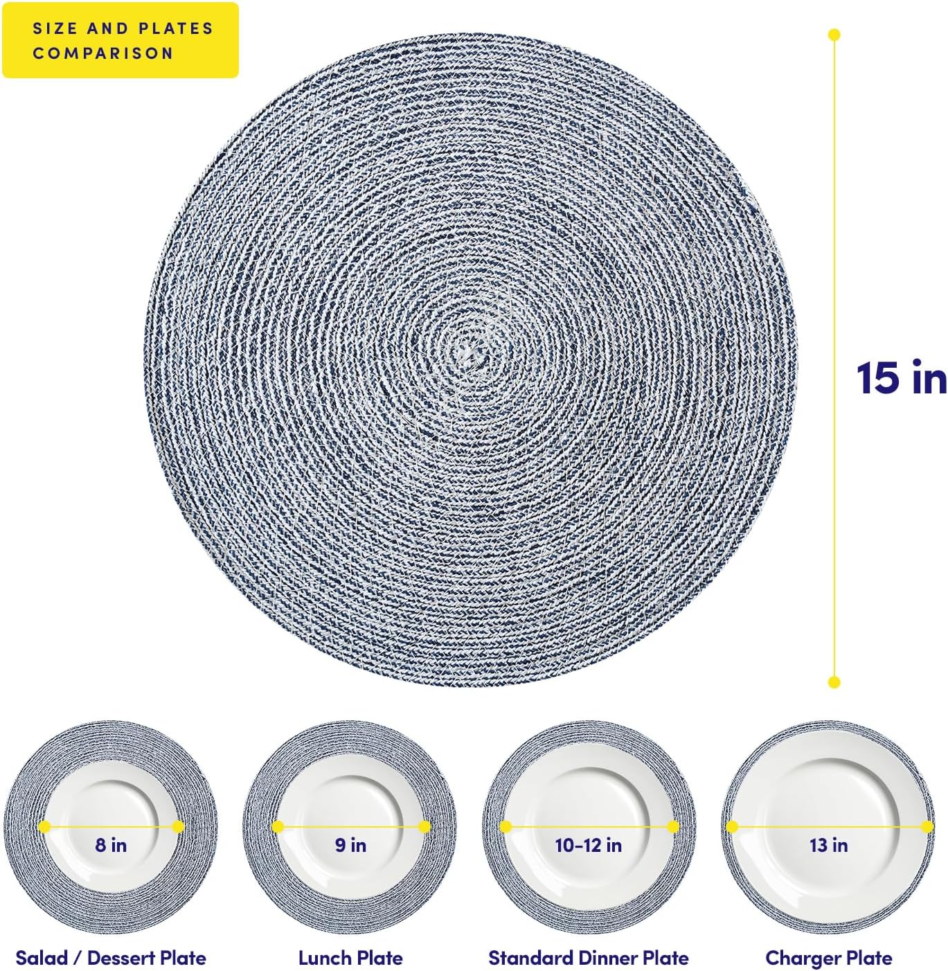 Round Placemats Set of 6-100% Cotton Two-Tone Placemat for Dining Table - Woven Braided Table Setting Place Mat