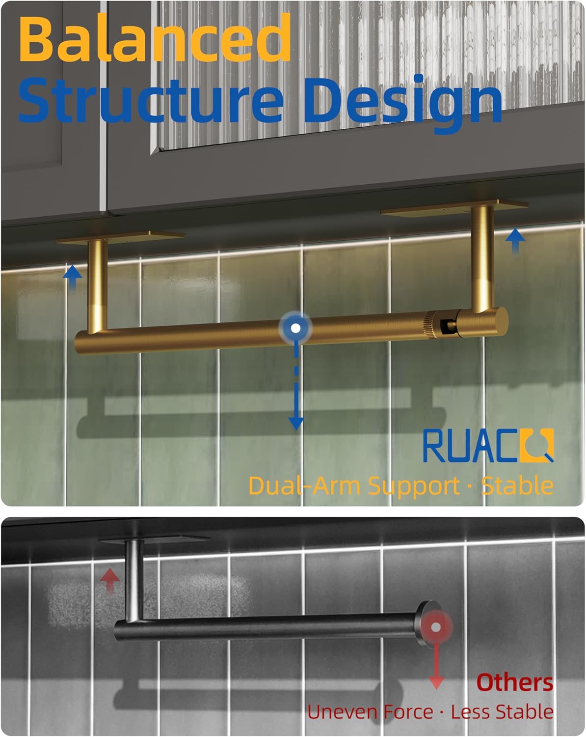 RUACQ Paper Towel Holder Under Cabinet, Stainless Steel, Brushed Gold | Drill Wall Mount or Adhesive, Square Base