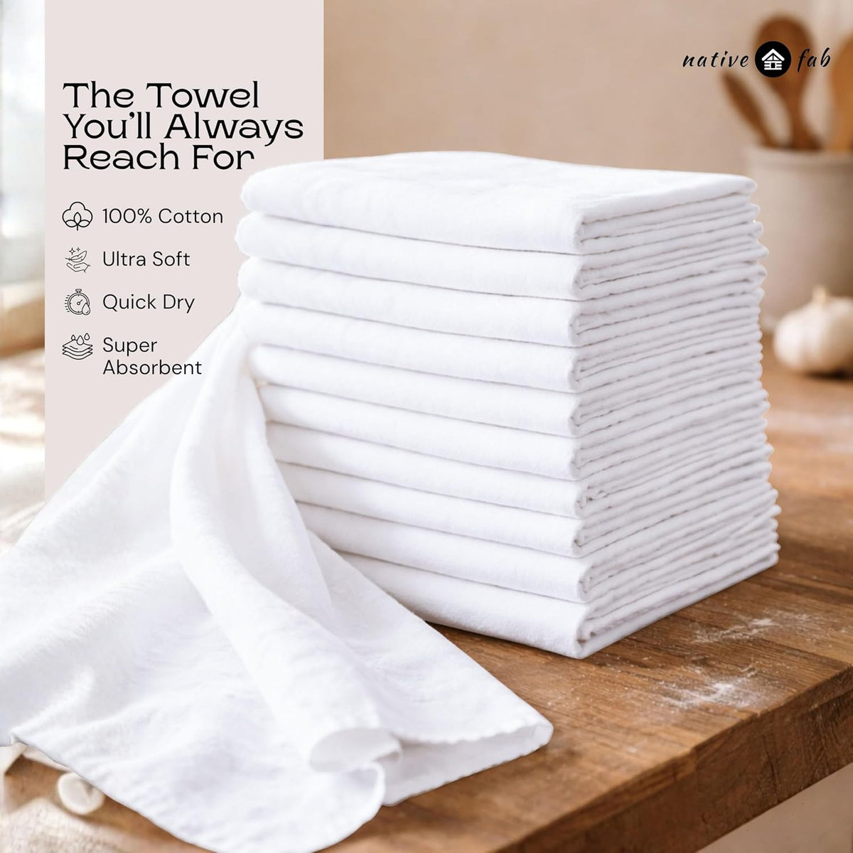 Native Fab Flour Sack Towels 24 Pack, 100% Cotton [18x28 Inches] Durable, Washable, Quick Drying, Premium Quality Tea