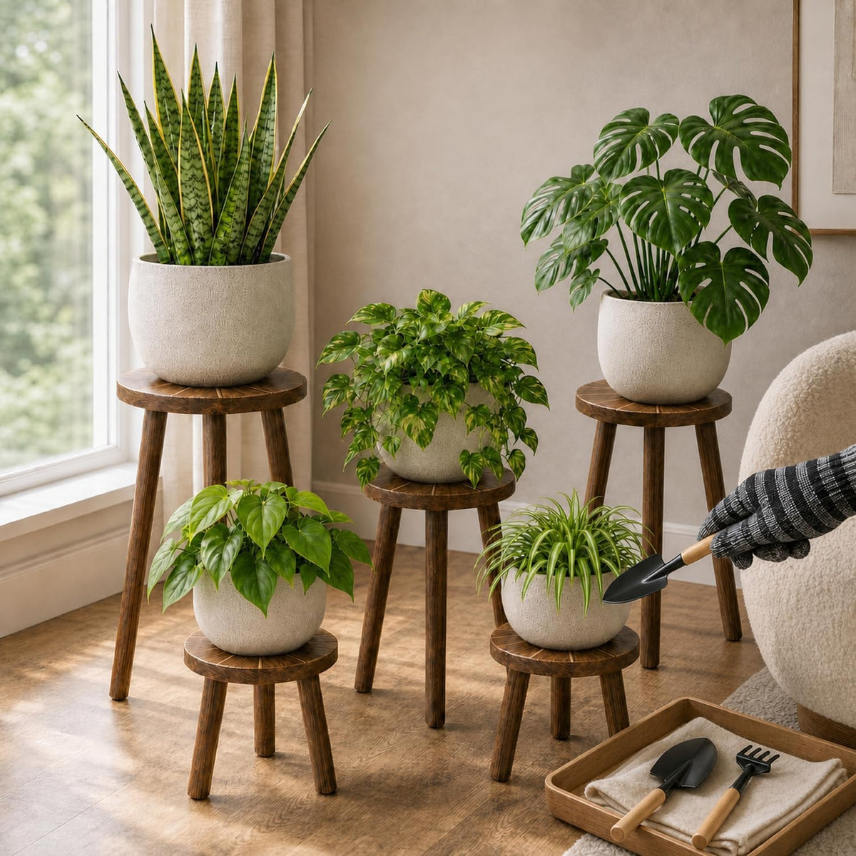 5-Pack Single Wood Plant Stands for 6-12 Inch Pots, Indoor Set | Five Heights Create a Balanced, Layered Plant