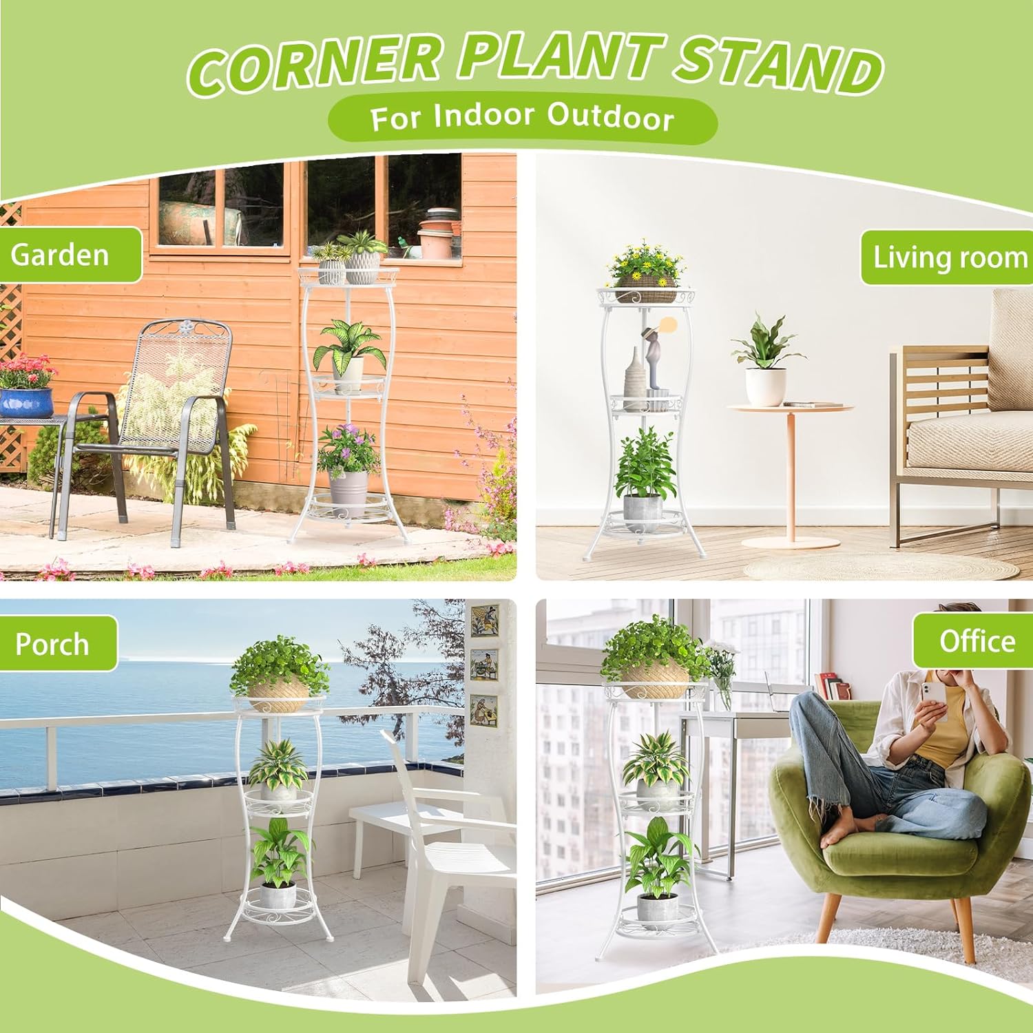 KMOTASUO Metal Plant Stand Tall for Indoor Outdoor Corner, 3 Tier Modern White