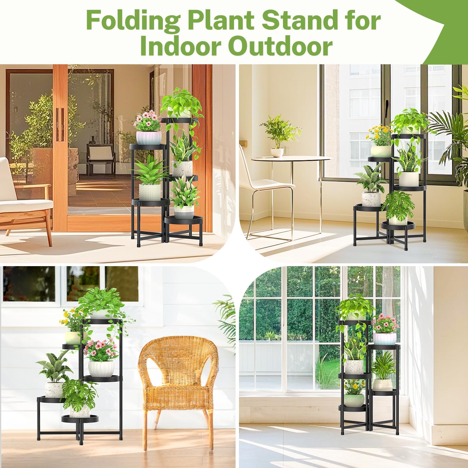 iDavosic.ly 5 Tier Folding Plant Stand Indoor Outdoor, Plastic Tray, Black | Space Saving Tiered Corner Storage Display