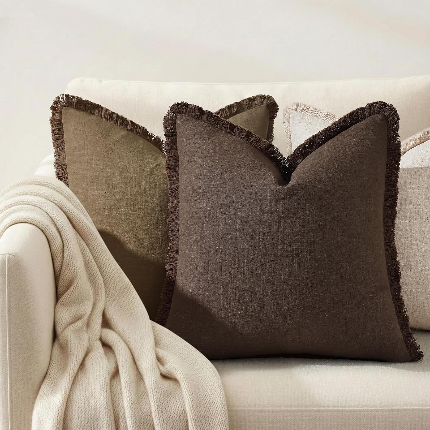 Summer Decorative Neutral Linen Fringe Throw Pillow Covers Pillow / Chocolate / 18 x 18 / Set of 2
