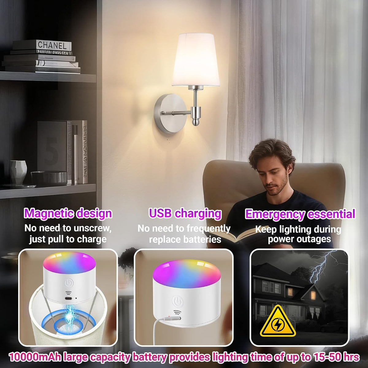 YHCDLAMP Battery Operated Wall Sconces Set of Two, Rechargeable Wireless Wall Lights with 10000mAh RGB Dimmable