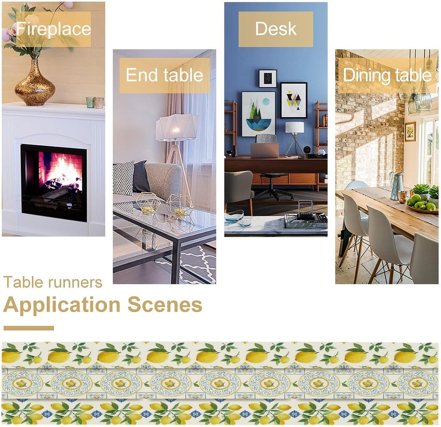 Lemon Table Runner,Summer Blue Tiles Lemons Pattern Printed Linen Table Runner for Home Kitchen Dining Table