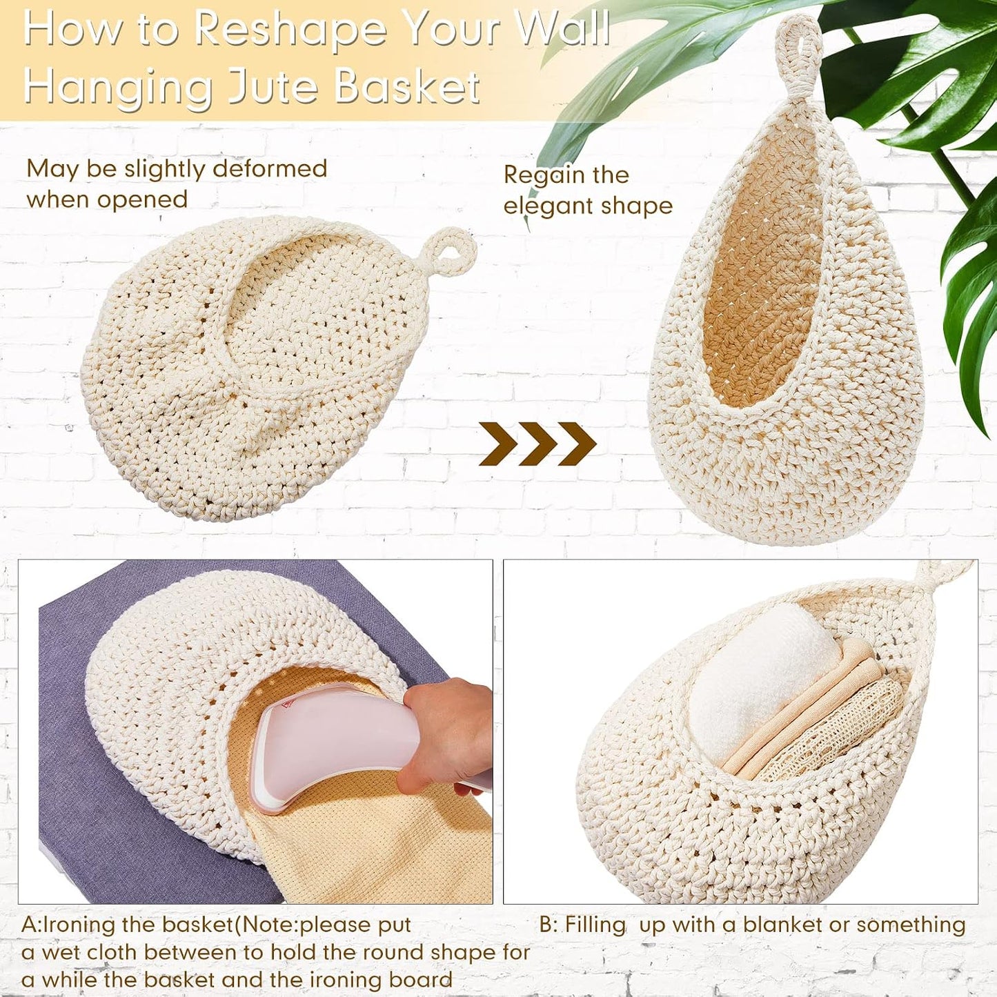 Boho Decor Hanging Wall Baskets / White / Cotton Rope / Teardrop / Set of 3