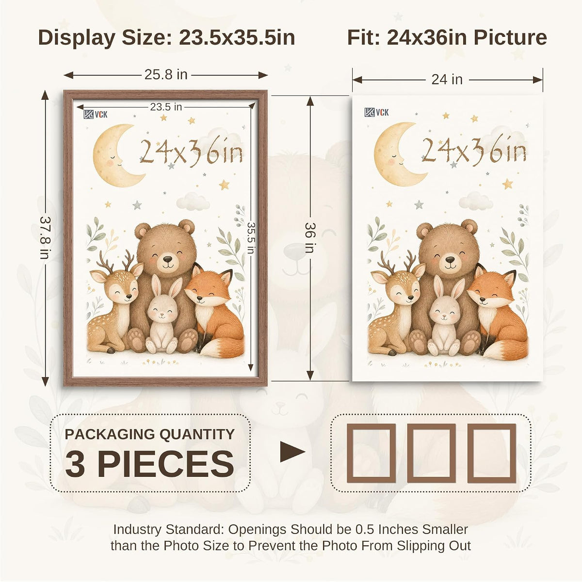 VCK 24x36 Poster Frames Set of 3, Walnut Woodgrain, Wall Hanging | Wide Border, Exclusive Woodgrain, Shatterproof