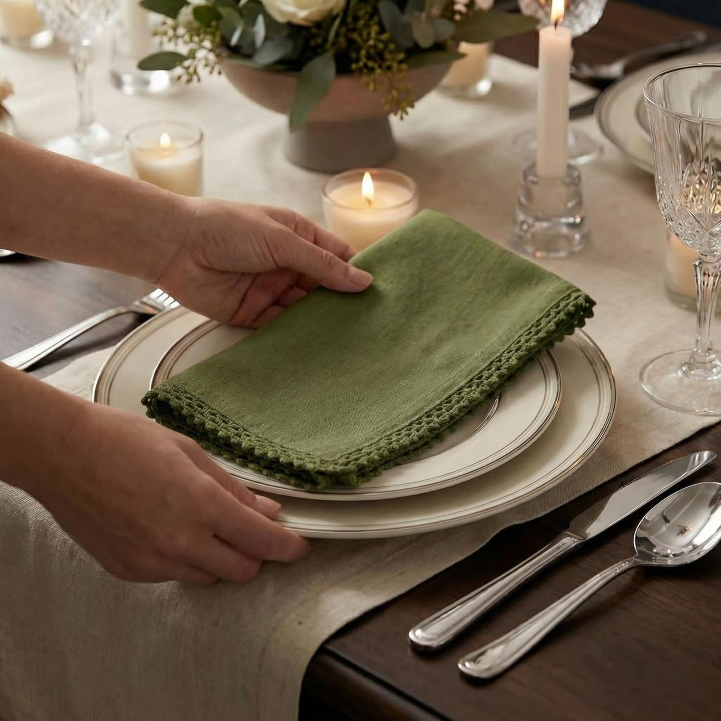 ACCENTHOME Olive Green Set of 12 18x18 inch Cotton Linen Dinner Napkins | Cotton Linen Blend Napkins, Machine Wash On