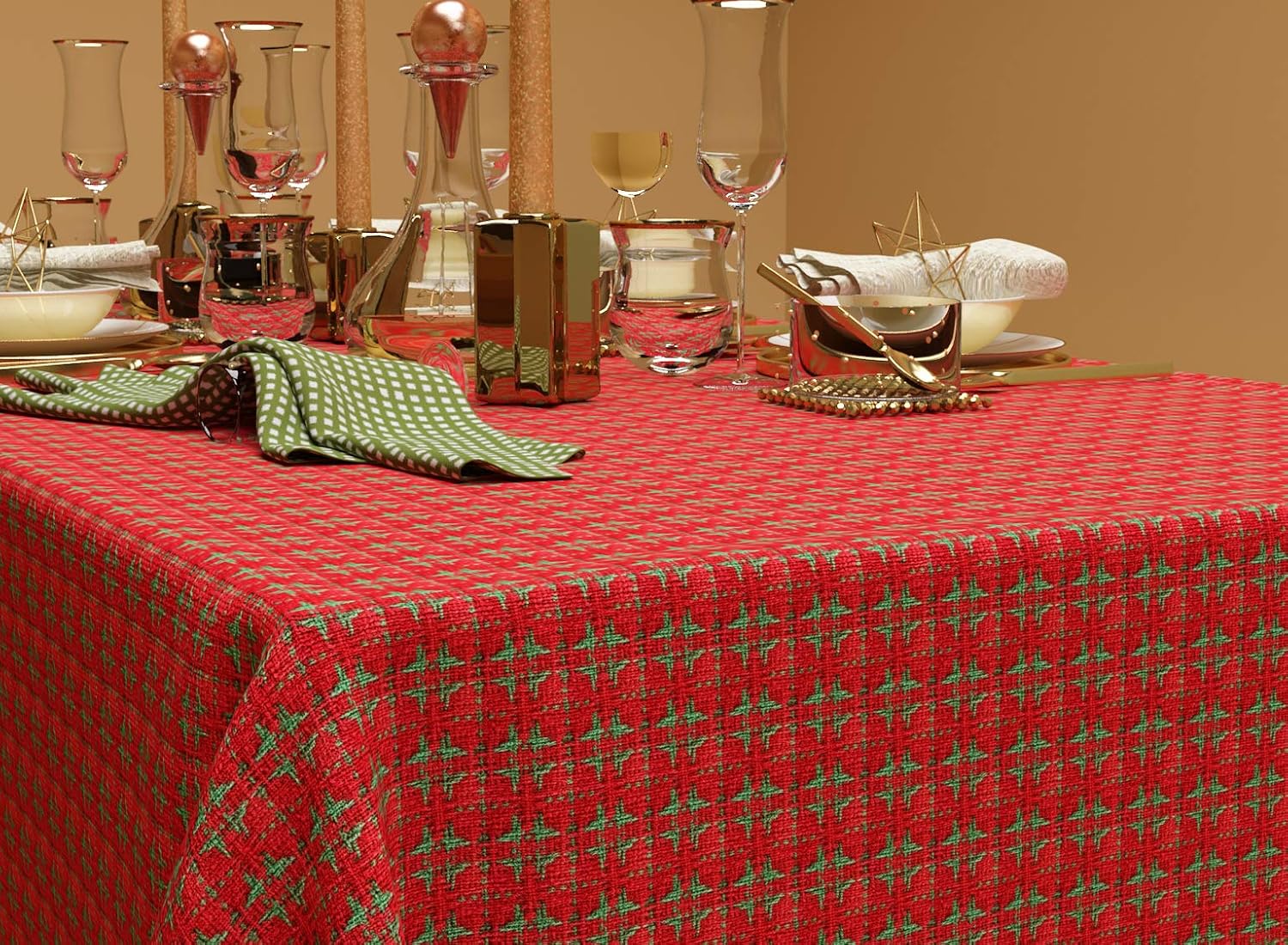 Table Cloth, Christmas Red & Green Woven Fringed, 100% Cotton Table Cover, Size 60x120 Inch, Suitable for Formal