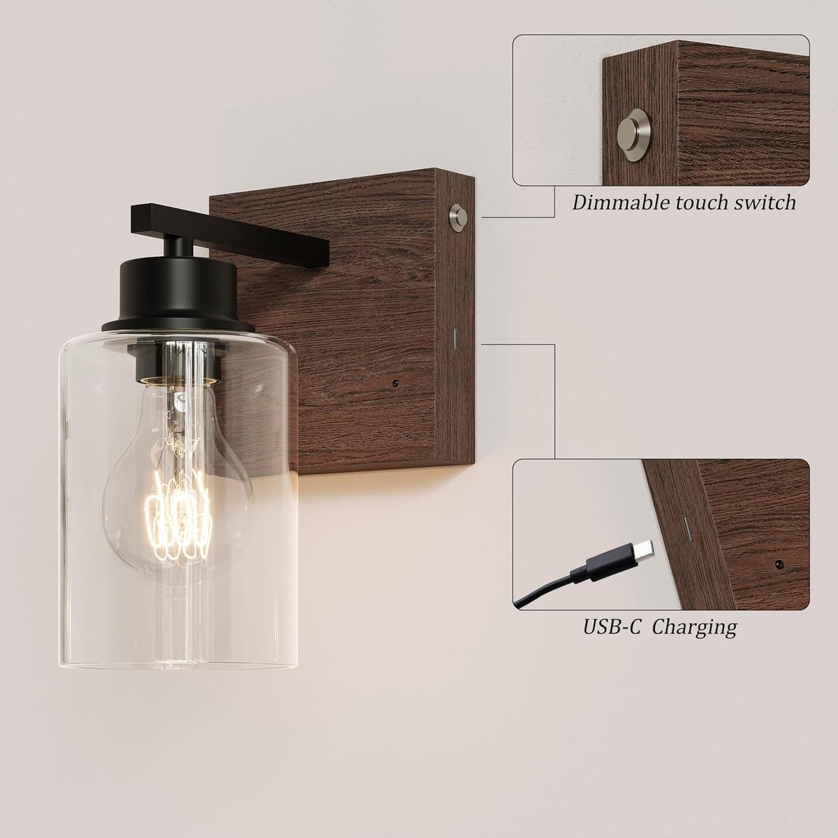Rayogale Wireless Battery Operated Wall Sconce Set of 2 with Remote Control | Black & Walnut Dimmable Rechargeable Wall