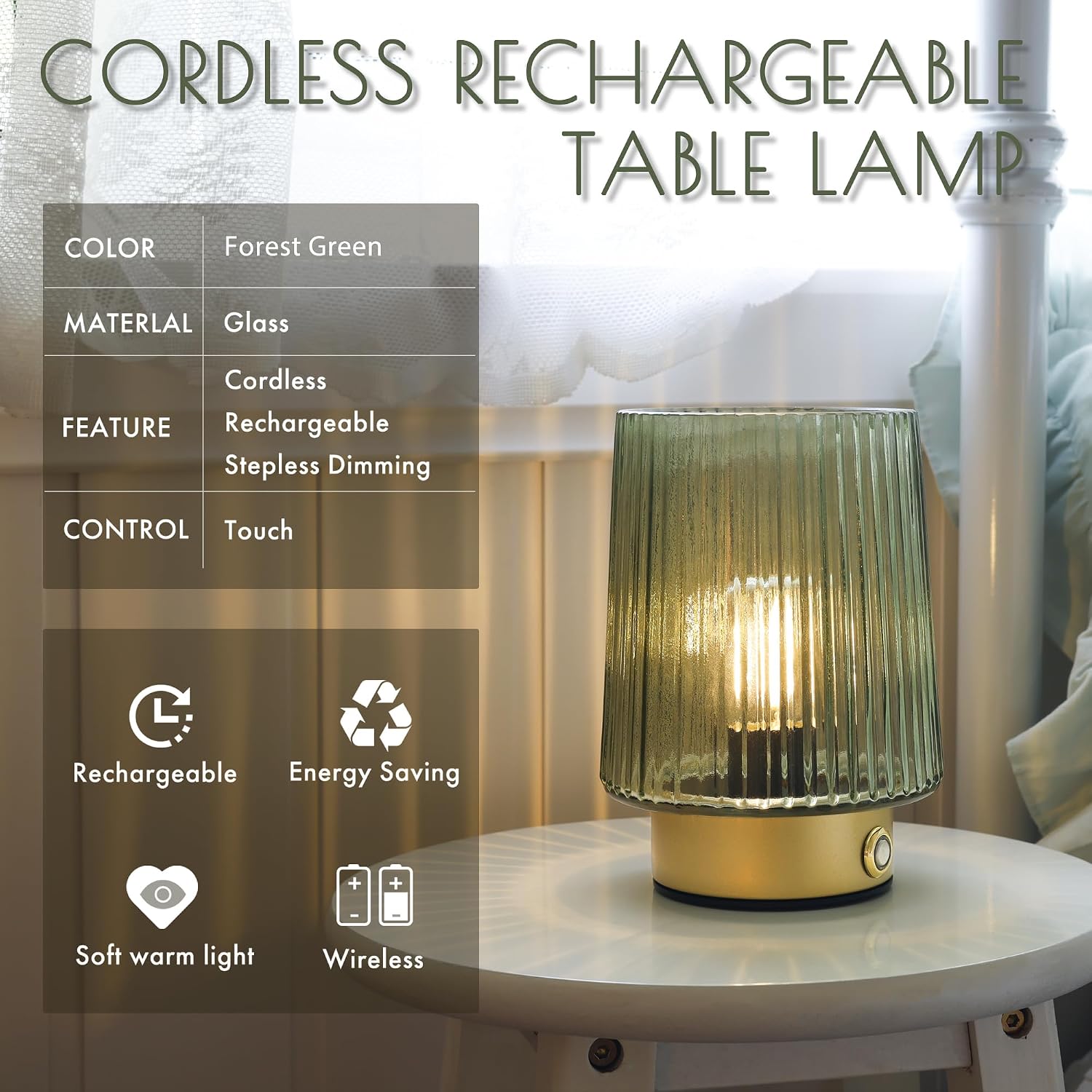 ULAROOM Cordless Lamp Rechargeable Battery Operated lamp, Glass Small Table lamp - Portable Dimmable Brightness Touch