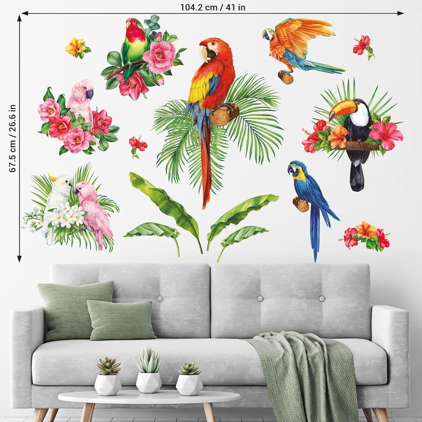 SG2-108 Tropical Plants Parrot Wall Decals Leaf Birds Watercolor Stickers for Kids / Green
