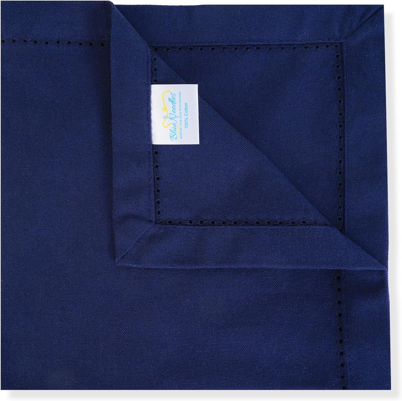 Blue Needles Navy Blue Hemstitch Linen Napkins Set of 12-100% Cotton Cloth Dinner Napkins 18x18 inches, Soft, Reusable