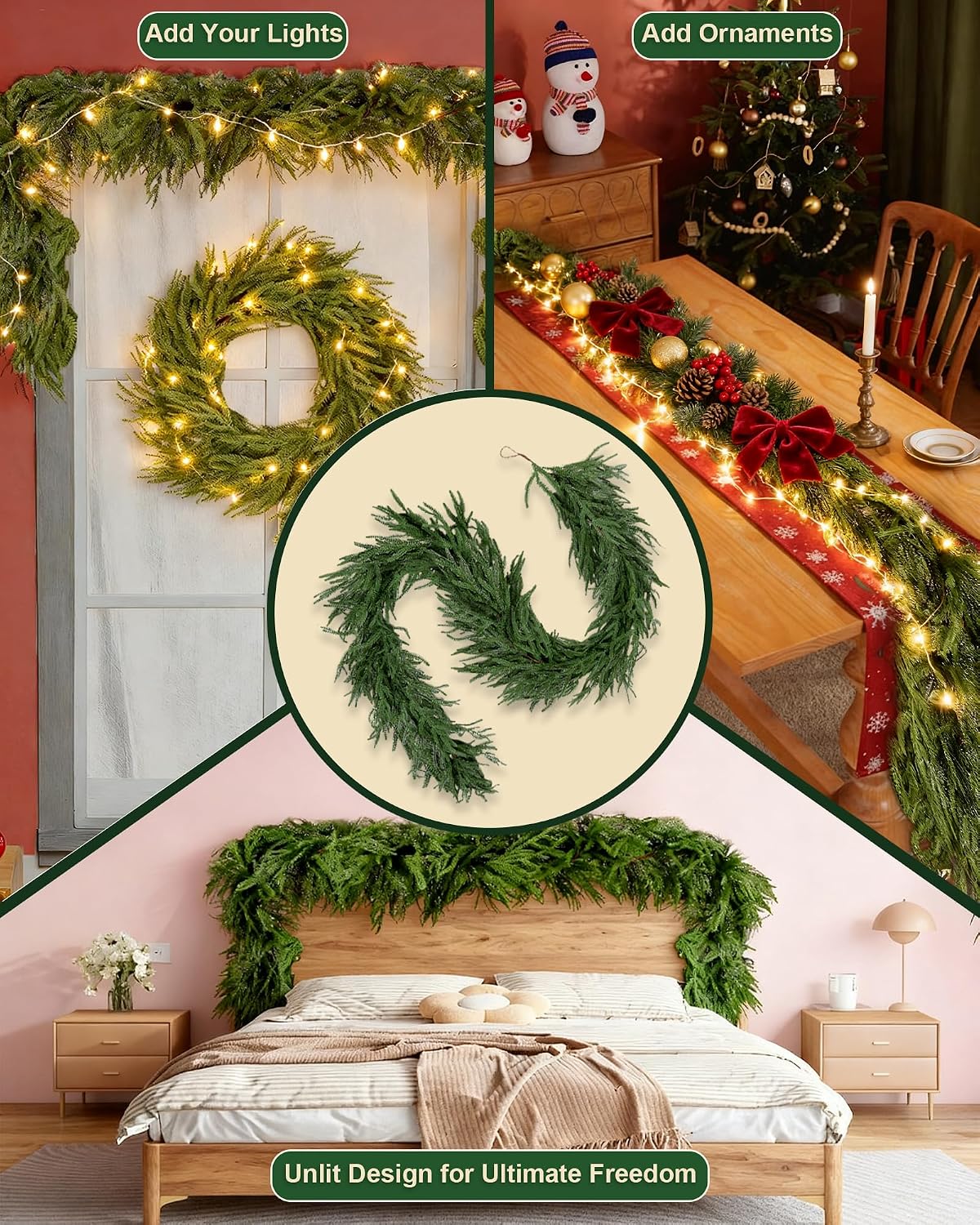 12FT (2 * 6FT) Artificial Christmas Garland, Real Touch Norfolk Pine Greenery Garland, Ultra Full & Lush Unlit Garland