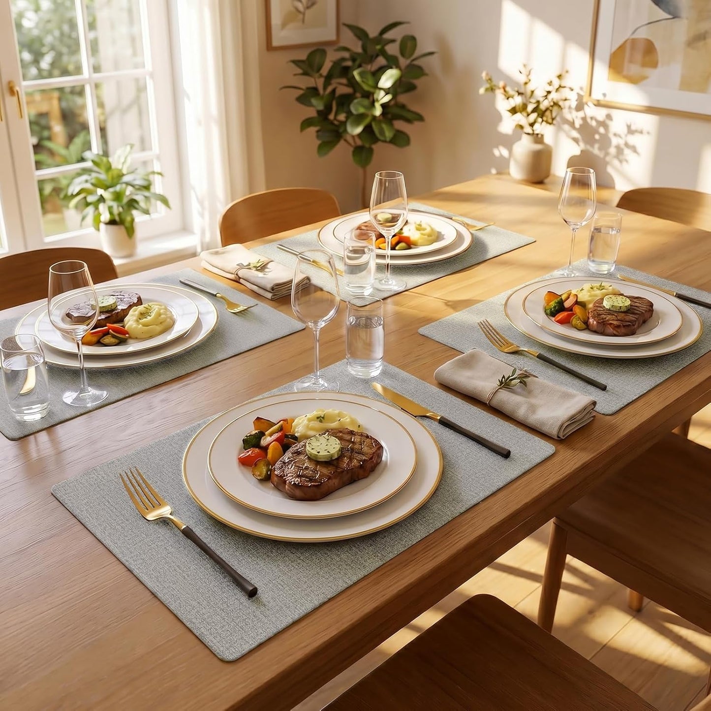 Romanstile Faux Leather Vinyl Placemats Set of 8, Light Grey | 100% Waterproof Wipeable Anti Slip Place Mats, Heat