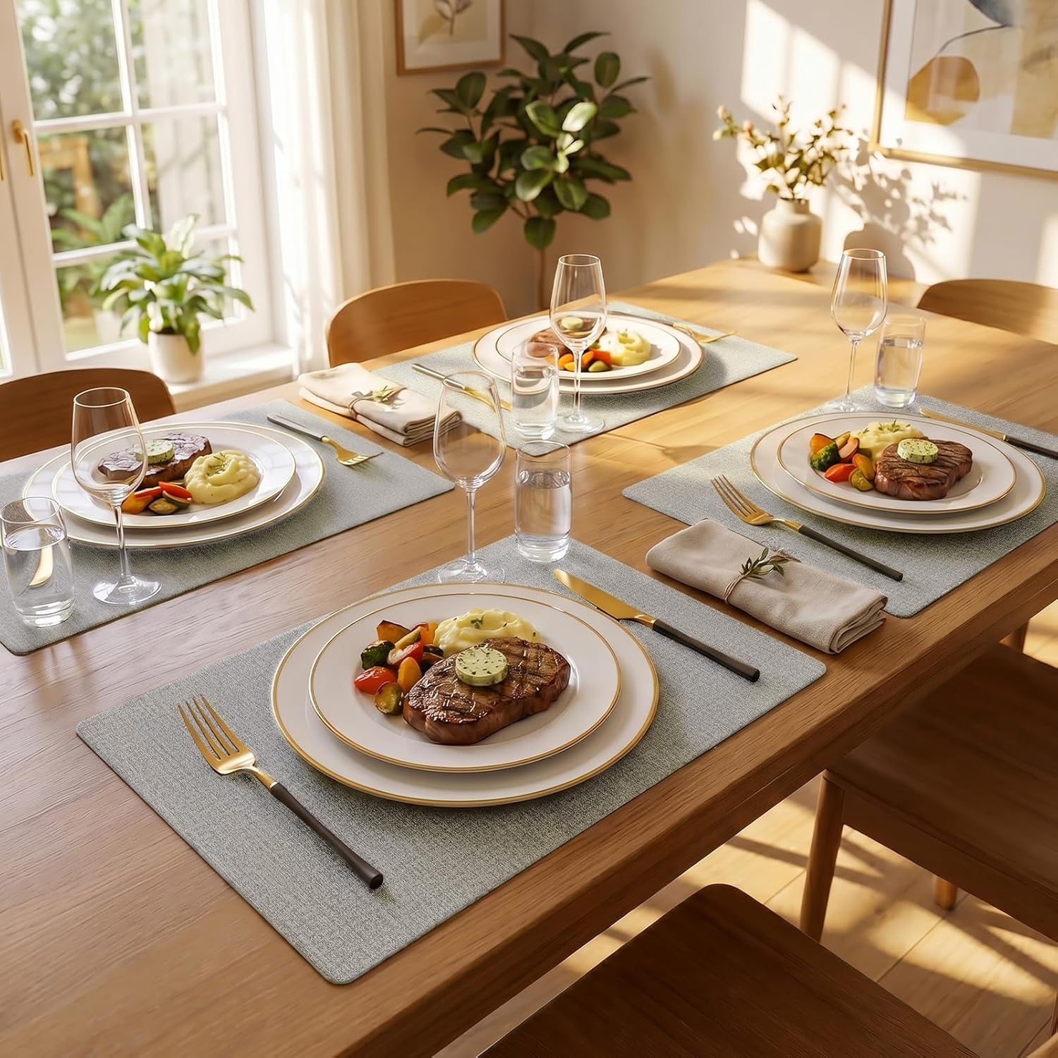 Romanstile Faux Leather Vinyl Placemats Set of 8, Light Grey | 100% Waterproof Wipeable Anti Slip Place Mats, Heat