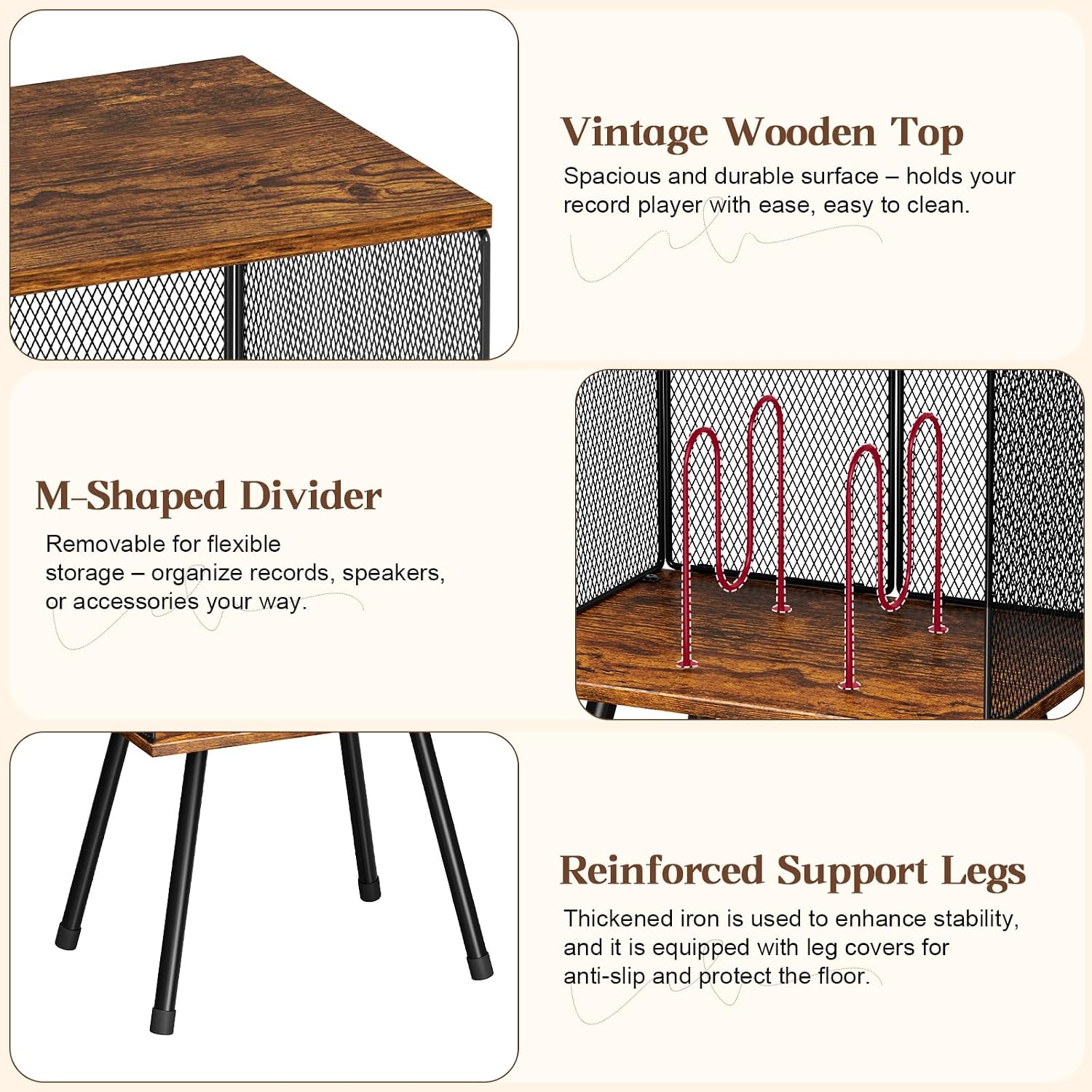 X-cosrack Record Player Stand with Storage up to 100 Albums, Retro Small Vinyl Record Holder - Adjustable Divider